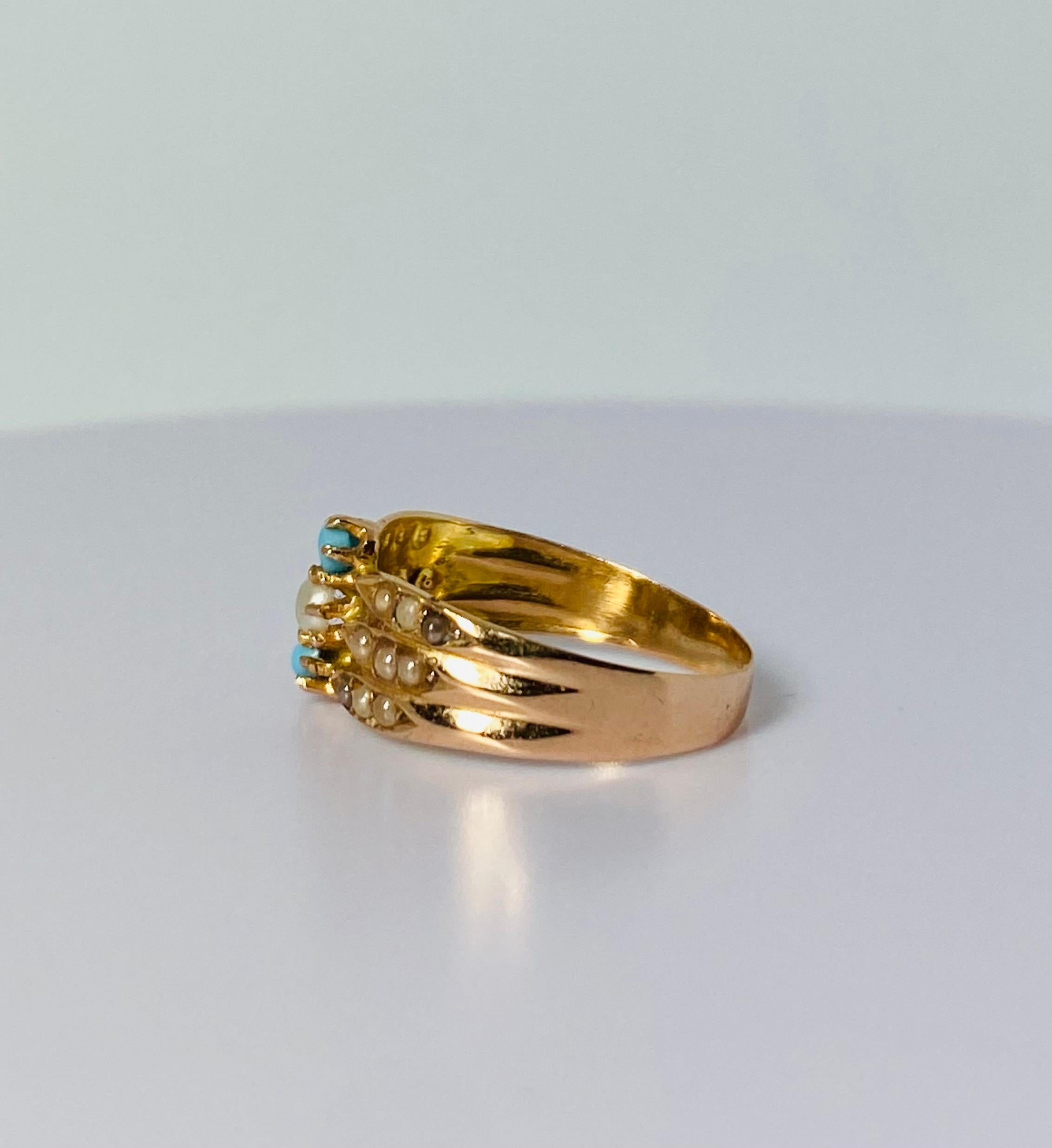 Antique ring rose gold 18 carat 2 turquoises, natural pearl, seed pearls ca 1890 2
