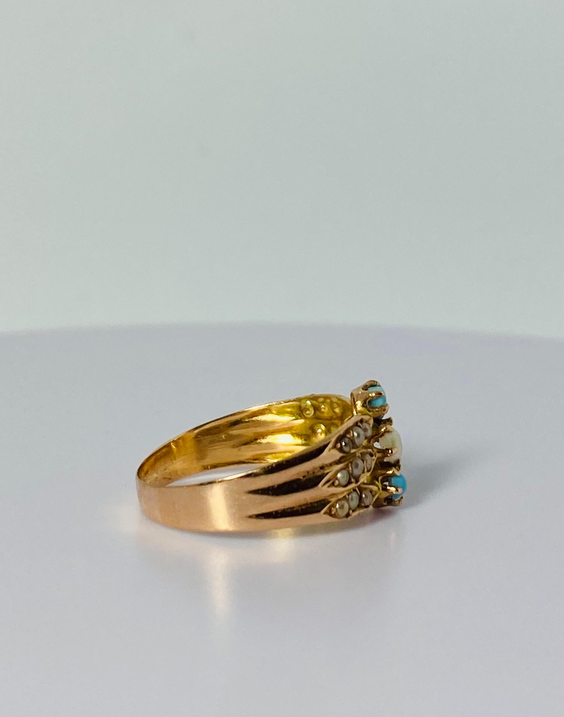 Antique ring rose gold 18 carat 2 turquoises, natural pearl, seed pearls ca 1890 3