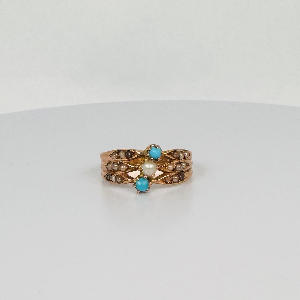 Antique ring rose gold 18 carat 2 turquoises, natural pearl, seed pearls ca 1890 4