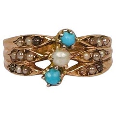 Antique ring rose gold 18 carat 2 turquoises, natural pearl, seed pearls ca 1890