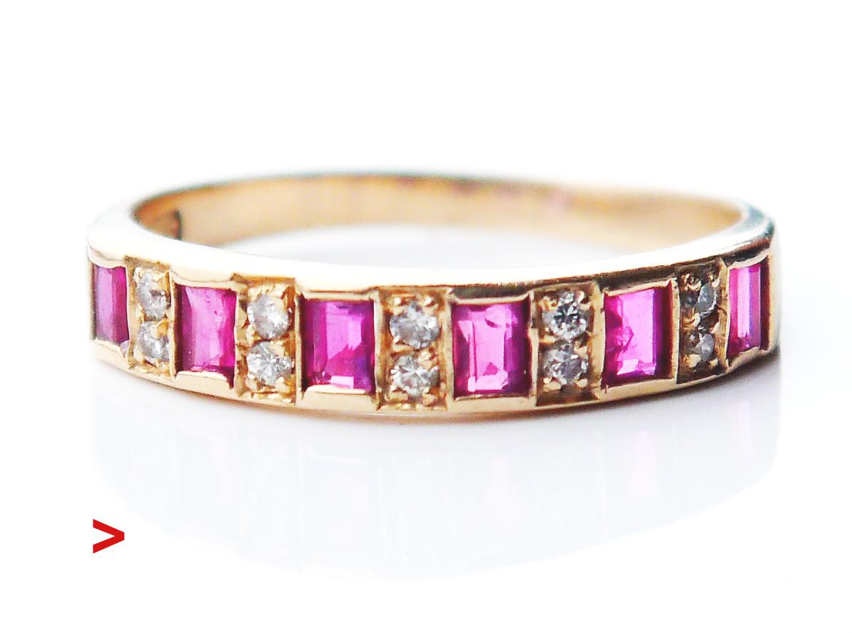 Rubies and Diamonds Ring in solid 14ct Yellow Gold . 6 baguette cut Rose red Rubies + 10 diamond cut diamonds.

Each Ruby measures 2.75 mm x 2.5 mm / 0.065ct each / total 0.065 x 6 = 0.39ctw.

Diamonds Ø 1.5 mm /0.015ct each/ 0.15ctw total