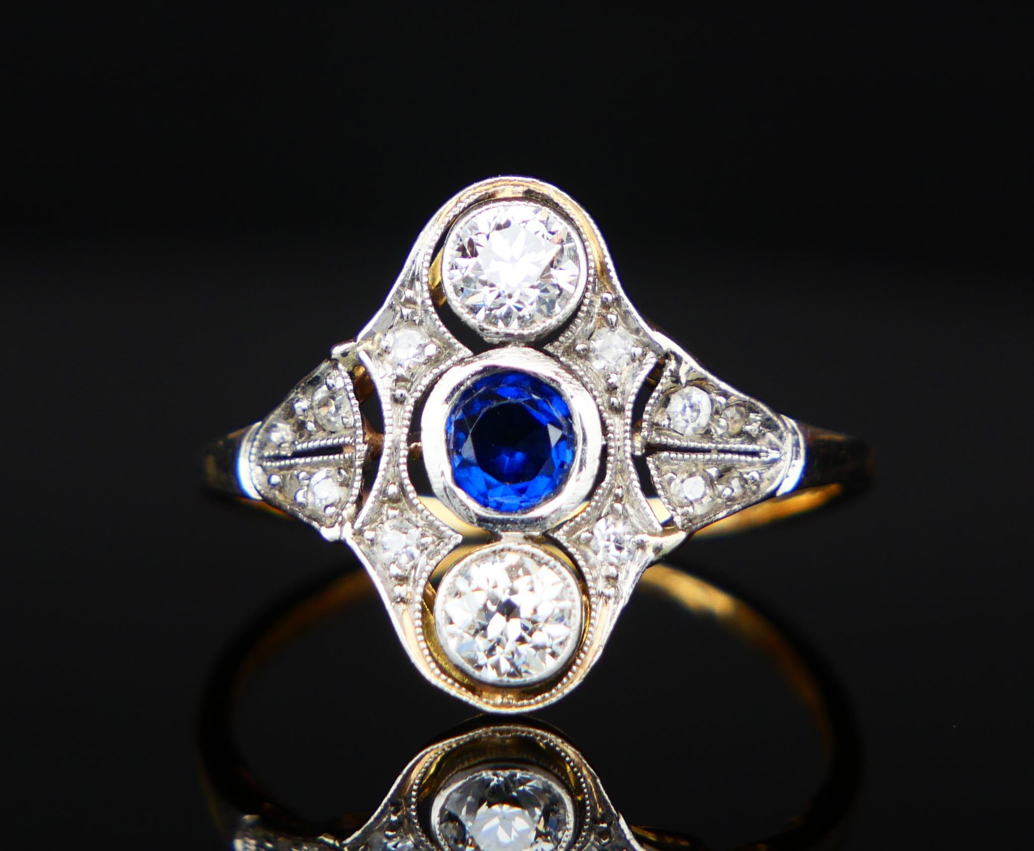 Antique Ring Sapphire 0.7 ctw Diamonds 18K Gold ØUS 6.5 / 2.56gr For Sale 8