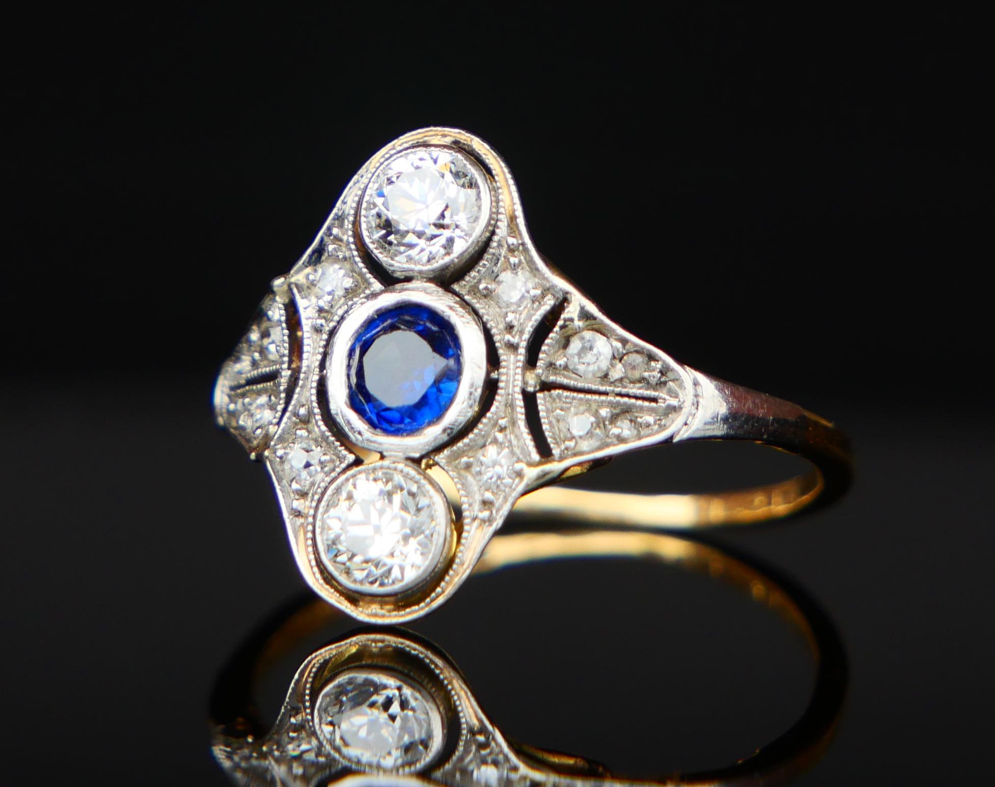 Antique Ring Sapphire 0.7 ctw Diamonds 18K Gold ØUS 6.5 / 2.56gr For Sale 9