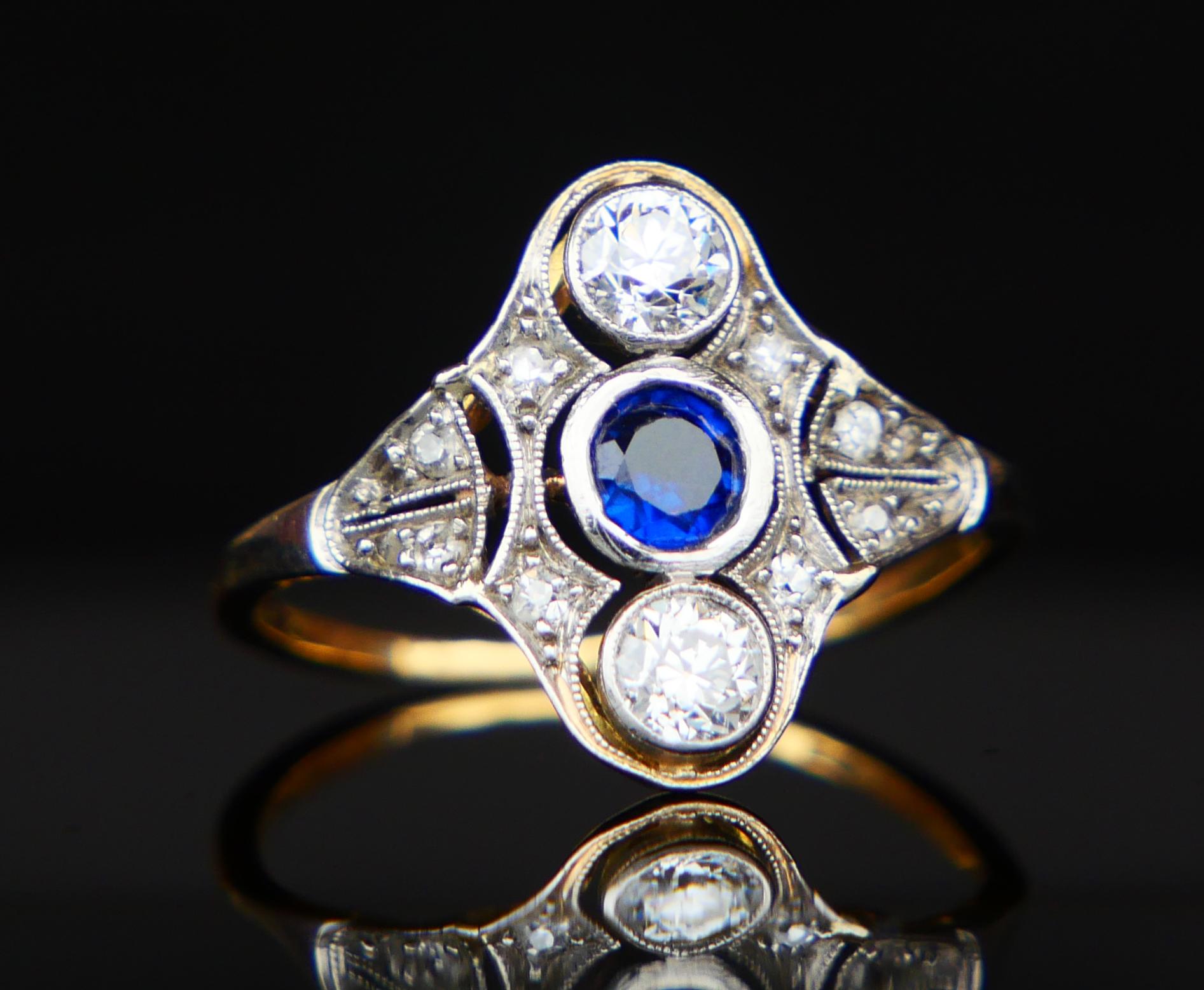 Antique Ring Sapphire 0.7 ctw Diamonds 18K Gold ØUS 6.5 / 2.56gr For Sale 10