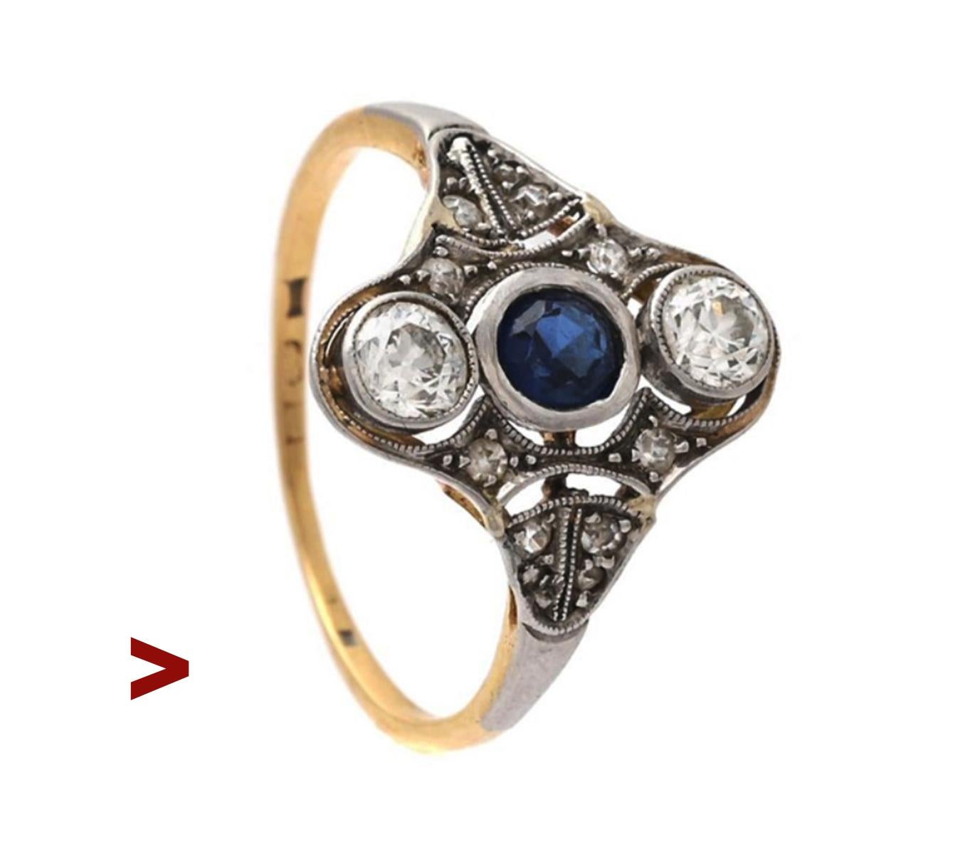 Beautiful Art Deco period Sapphire and Diamonds Ring with parts in solid 18K Yellow Gold and White Gold / or Platinum.

Ca. 1920s -1930s, worn Swedish hallmarks : 18K, three crowns ,maker's and city marks. Year marks not clear to read. 

Openwork