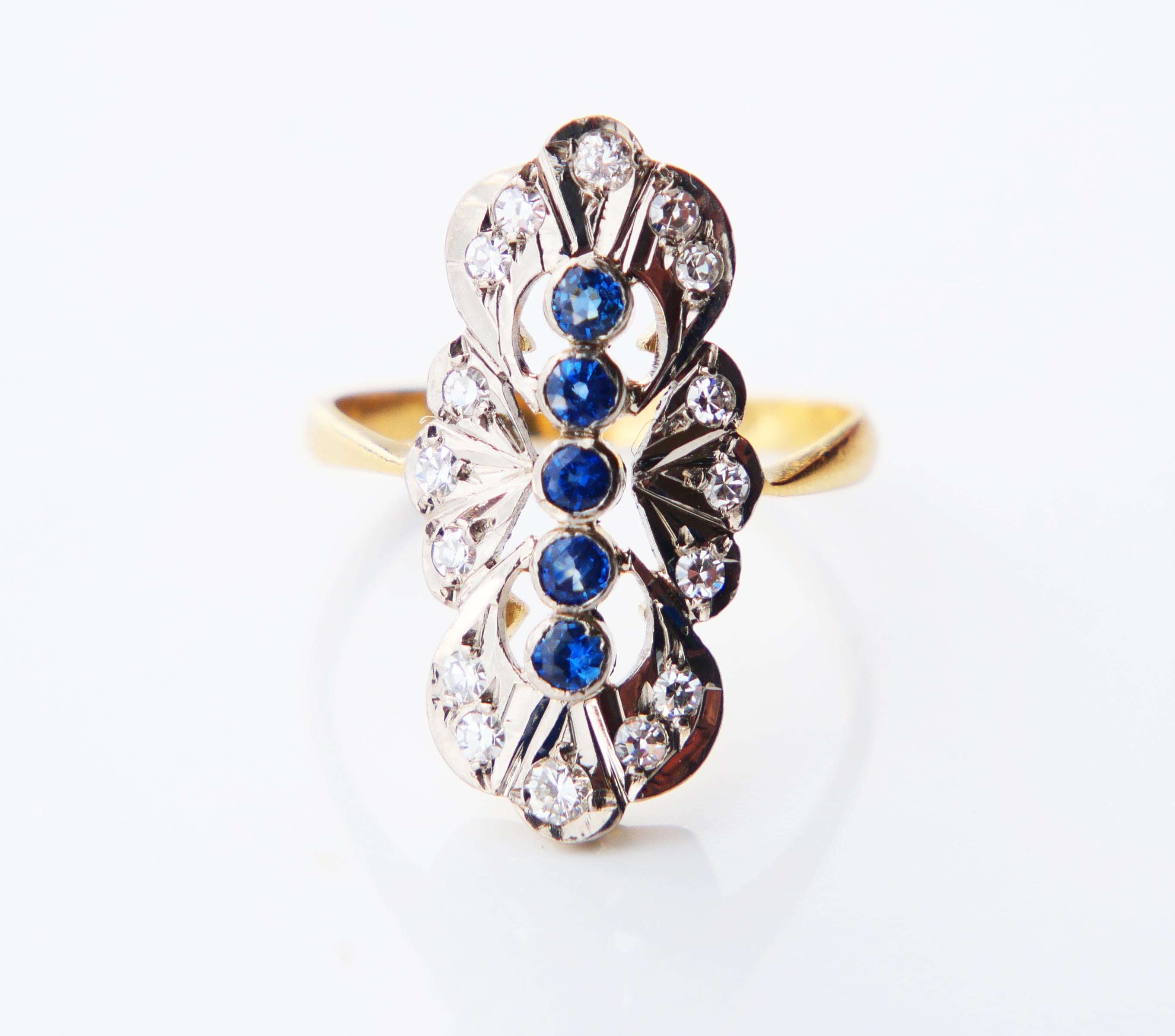 Antique Ring Sapphires Diamonds solid 18K Gold Platinum ØUS8.5 / 6.1 gr For Sale 6