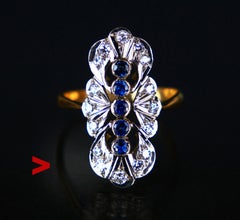 Antique Ring Sapphires Diamonds solid 18K Gold Platinum ØUS8.5 / 6.1 gr
