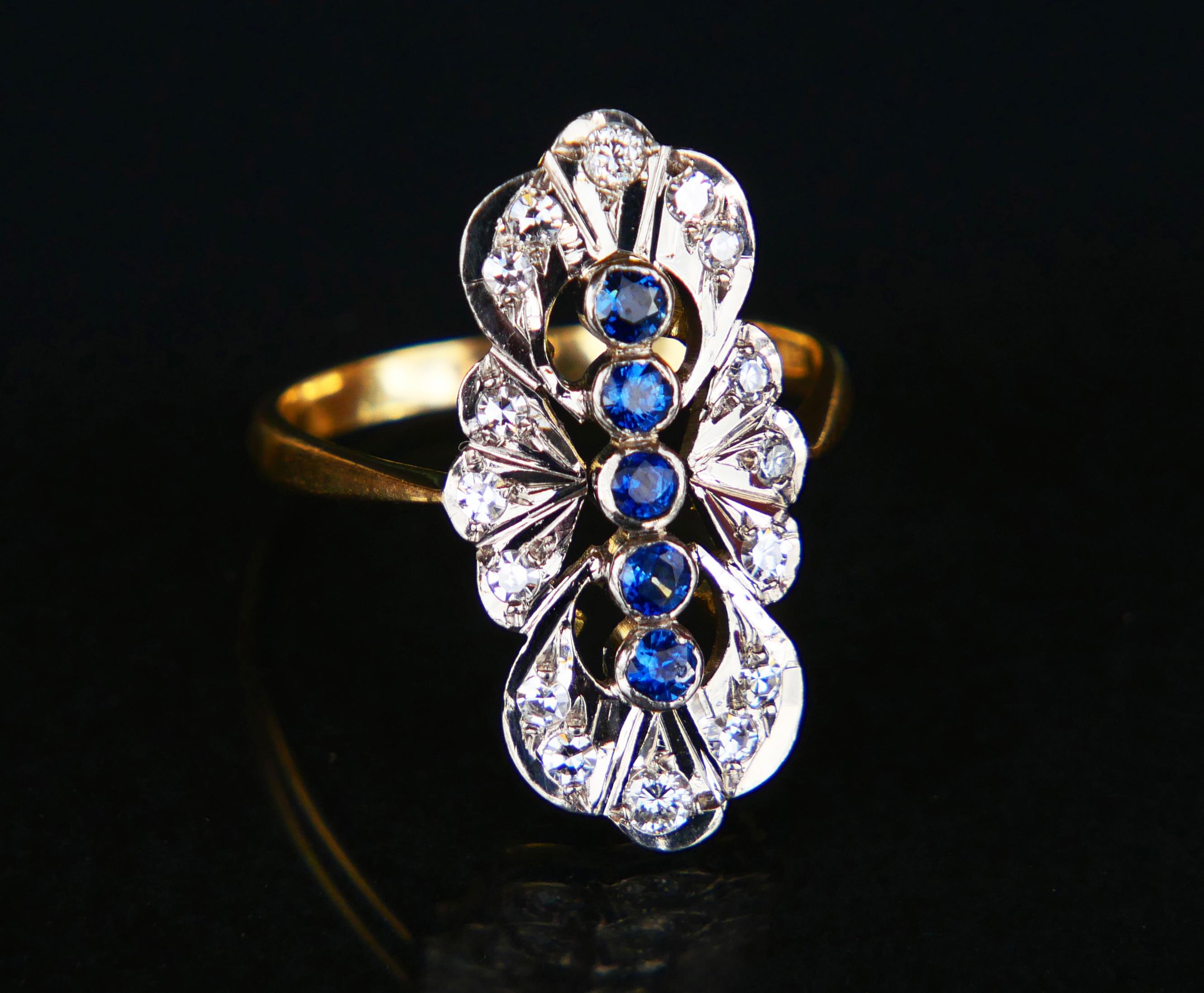 Art Nouveau Antique Ring Sapphires Diamonds solid 18K Gold Platinum ØUS8.5 / 6.1 gr For Sale