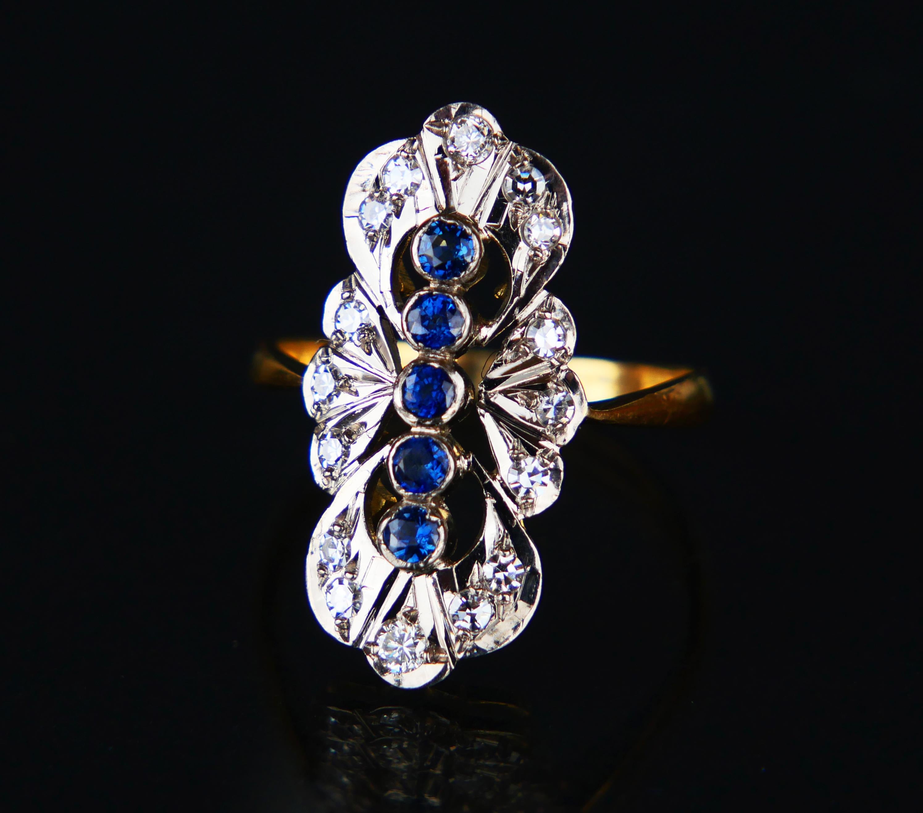 Old European Cut Antique Ring Sapphires Diamonds solid 18K Gold Platinum ØUS8.5 / 6.1 gr For Sale