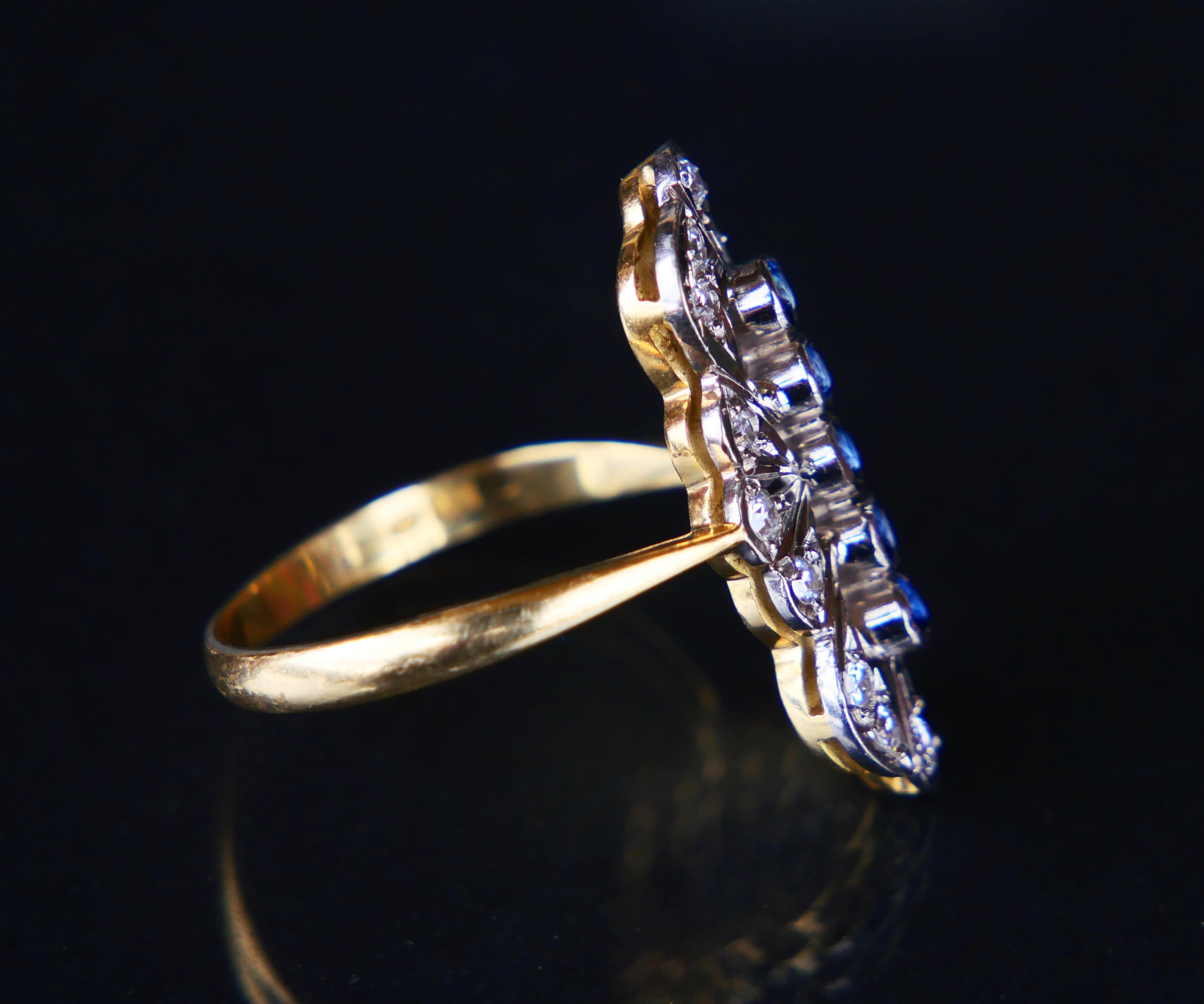 Antiker Ring Saphire Diamanten massiv 18K Gold Platin ØUS8.5 / 6.1 gr Damen im Angebot