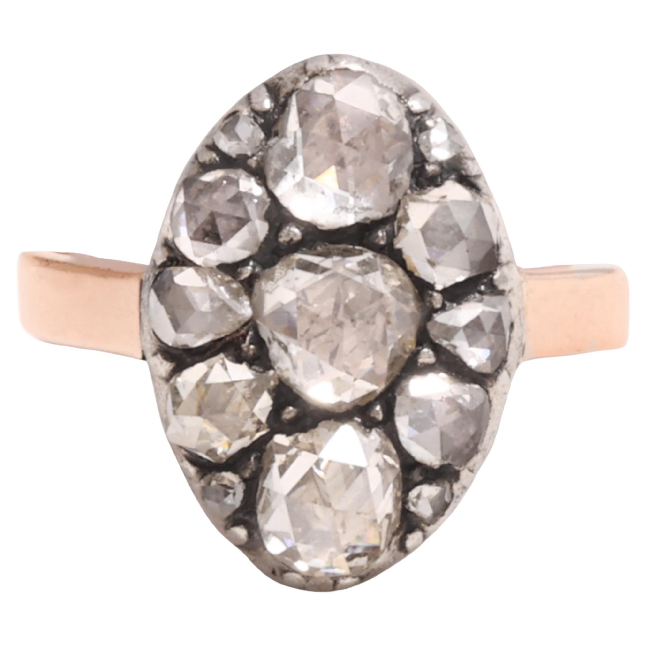 Antique Ring Silver on 18 kt gold & old Rose cut Diamonds For Sale