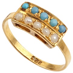 Antique Ring, Turquoises, Pearls, 22 Karat Gold