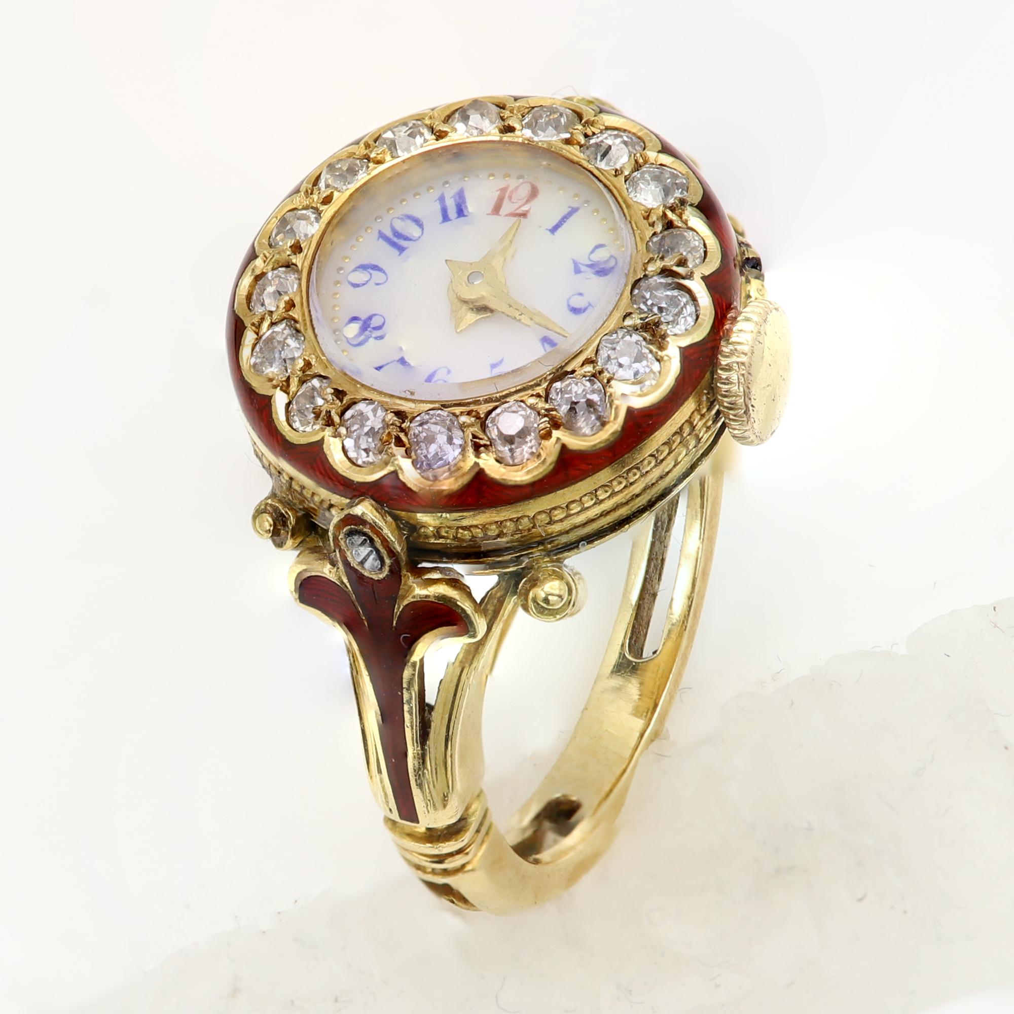 Antike Ringuhr 18 Karat Diamanten Circa früh 1900er Jahre funktionierender Uhrenring (Rosenschliff) im Angebot