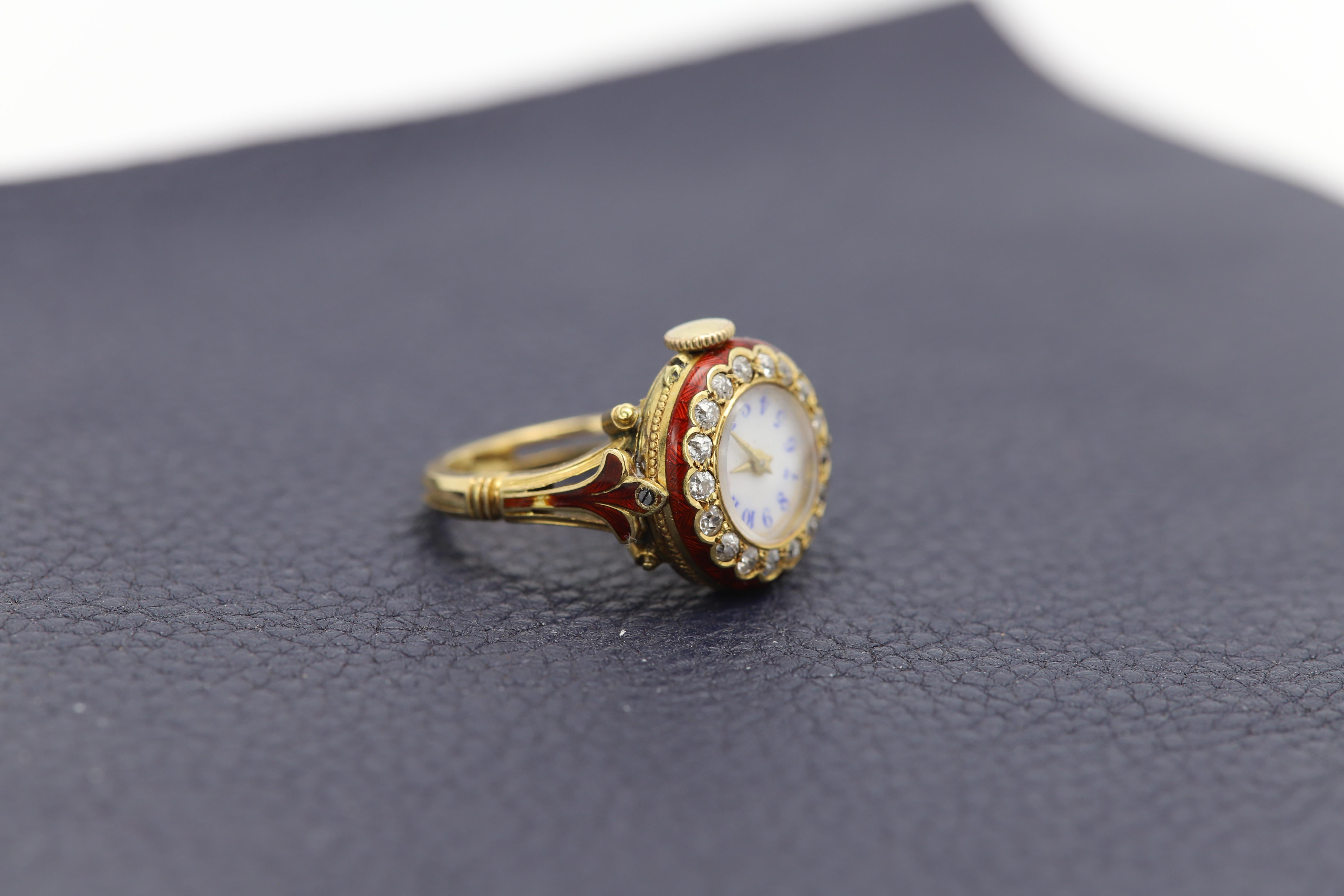 Antike Ringuhr 18 Karat Diamanten Circa früh 1900er Jahre funktionierender Uhrenring im Angebot 2