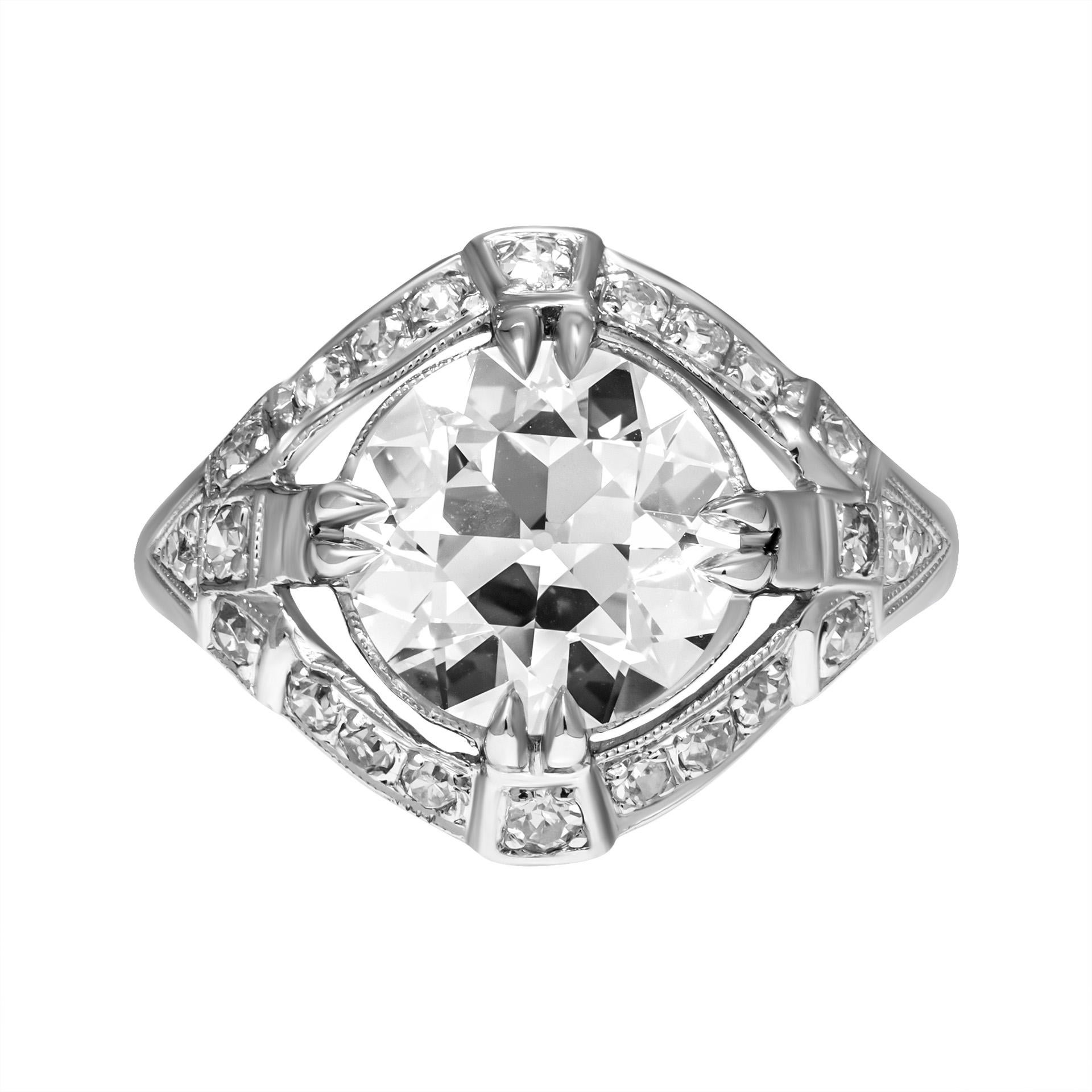 Old European Cut Antique Ring with 3.06ct Old Euro Cut Diamond in Platinum For Sale