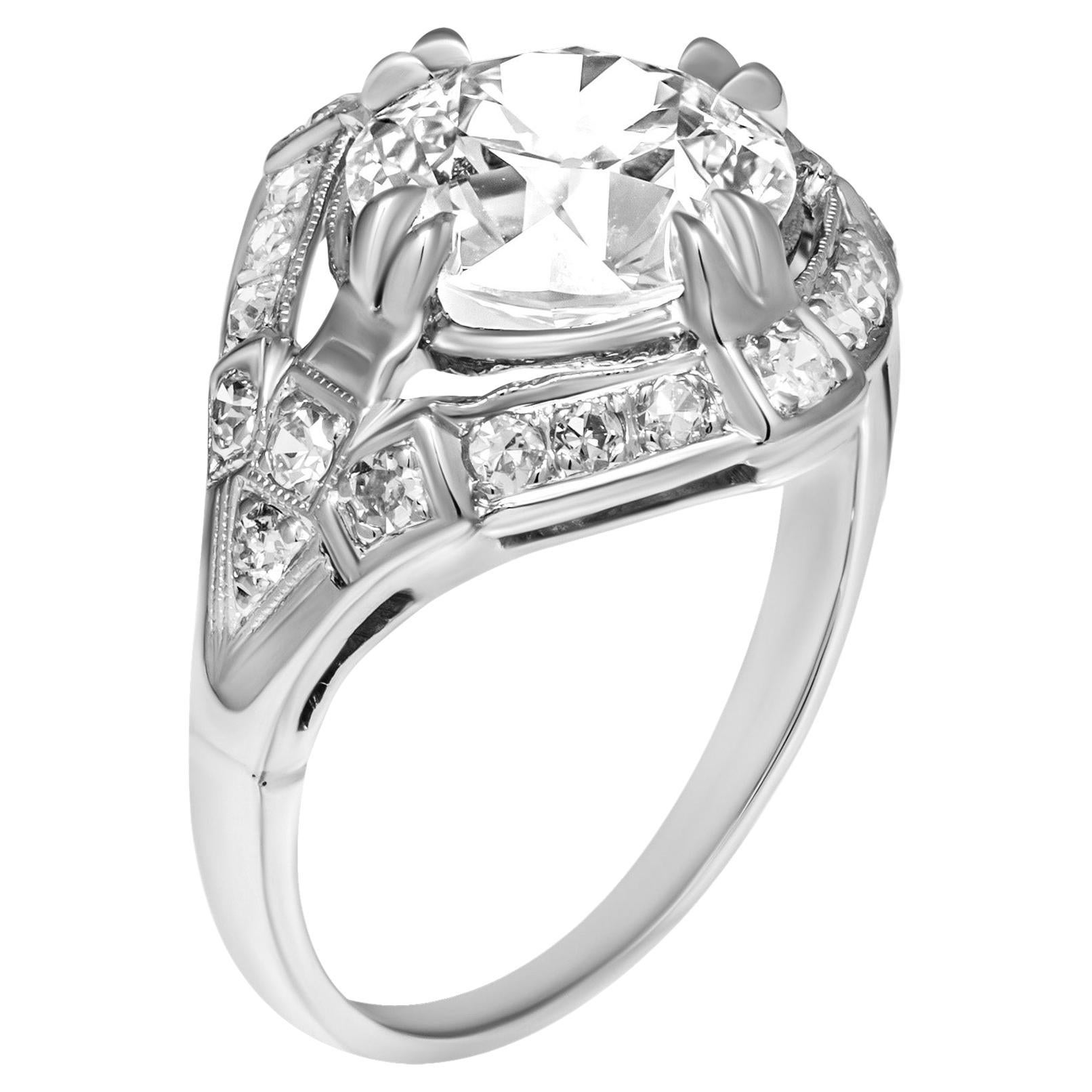 Antique Ring with 3.06ct Old Euro Cut Diamond in Platinum For Sale