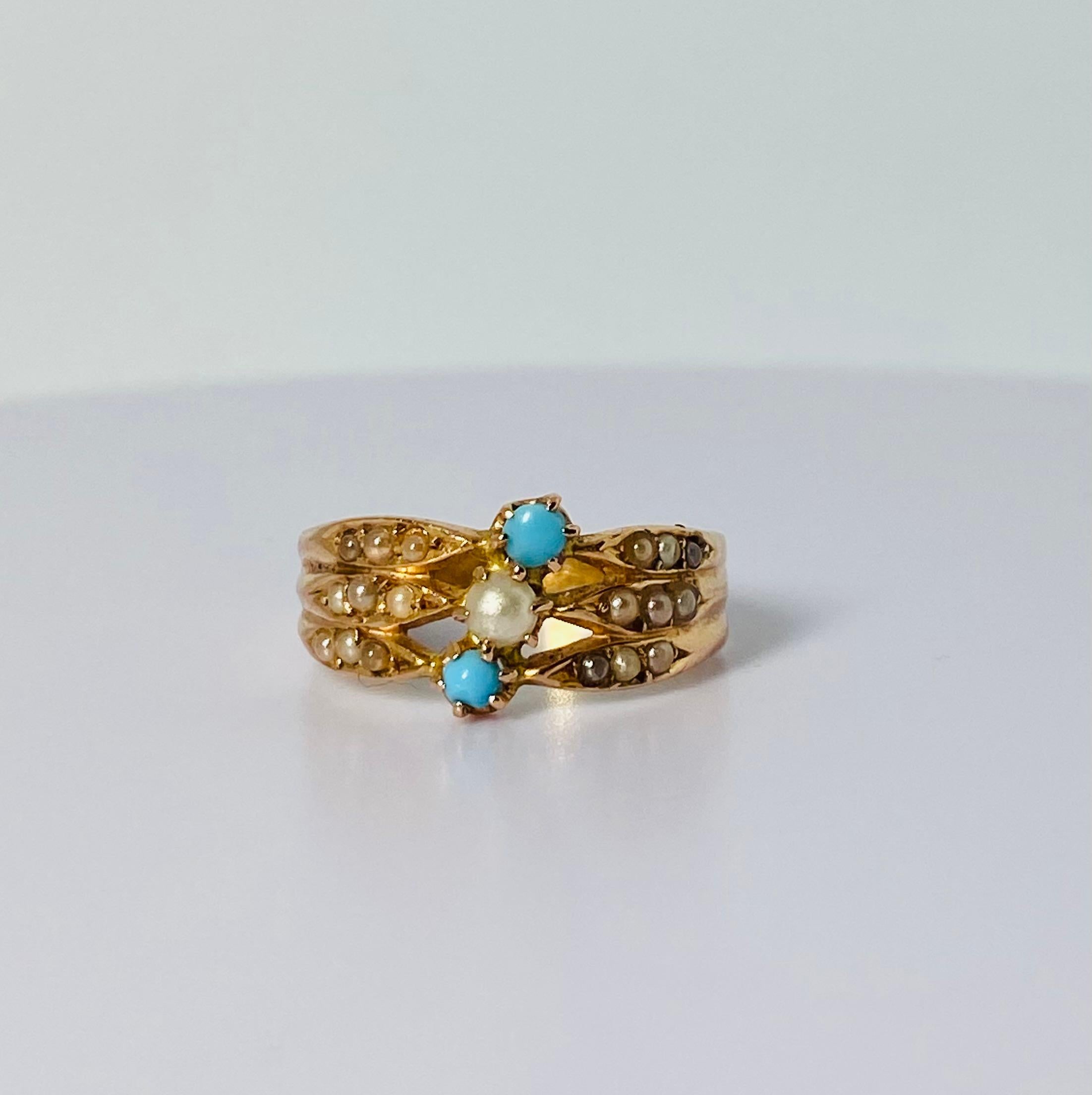 Discover the elegance of this antique ring with turquoises and half seed pears. This stunning ring features 19 man-made half seed stone pearls and two turquoises. The combination of the stones creates a sparkling whole. The ring band is made of high