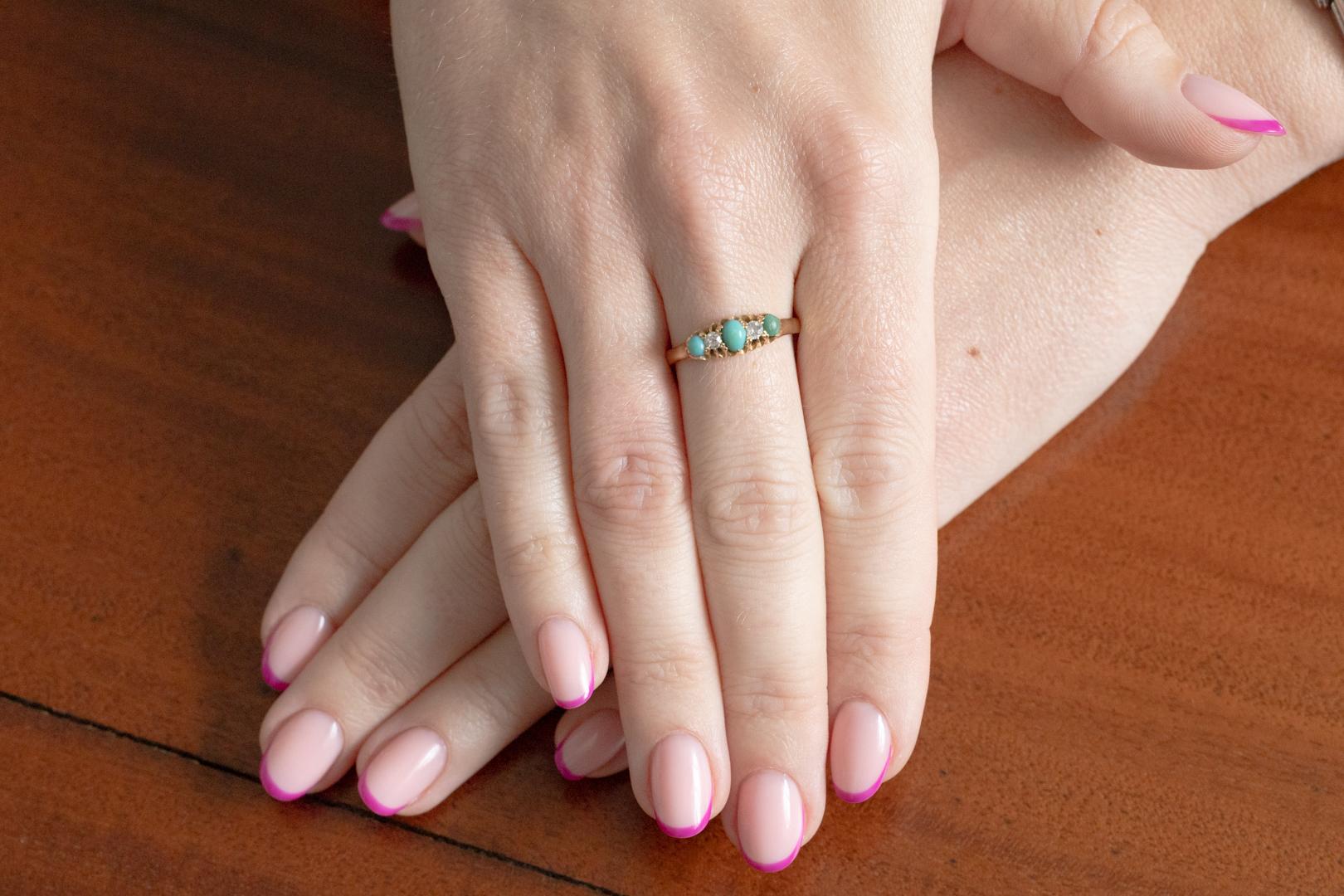 Art Nouveau Antique ring with turquoises and diamonds, 1903. For Sale