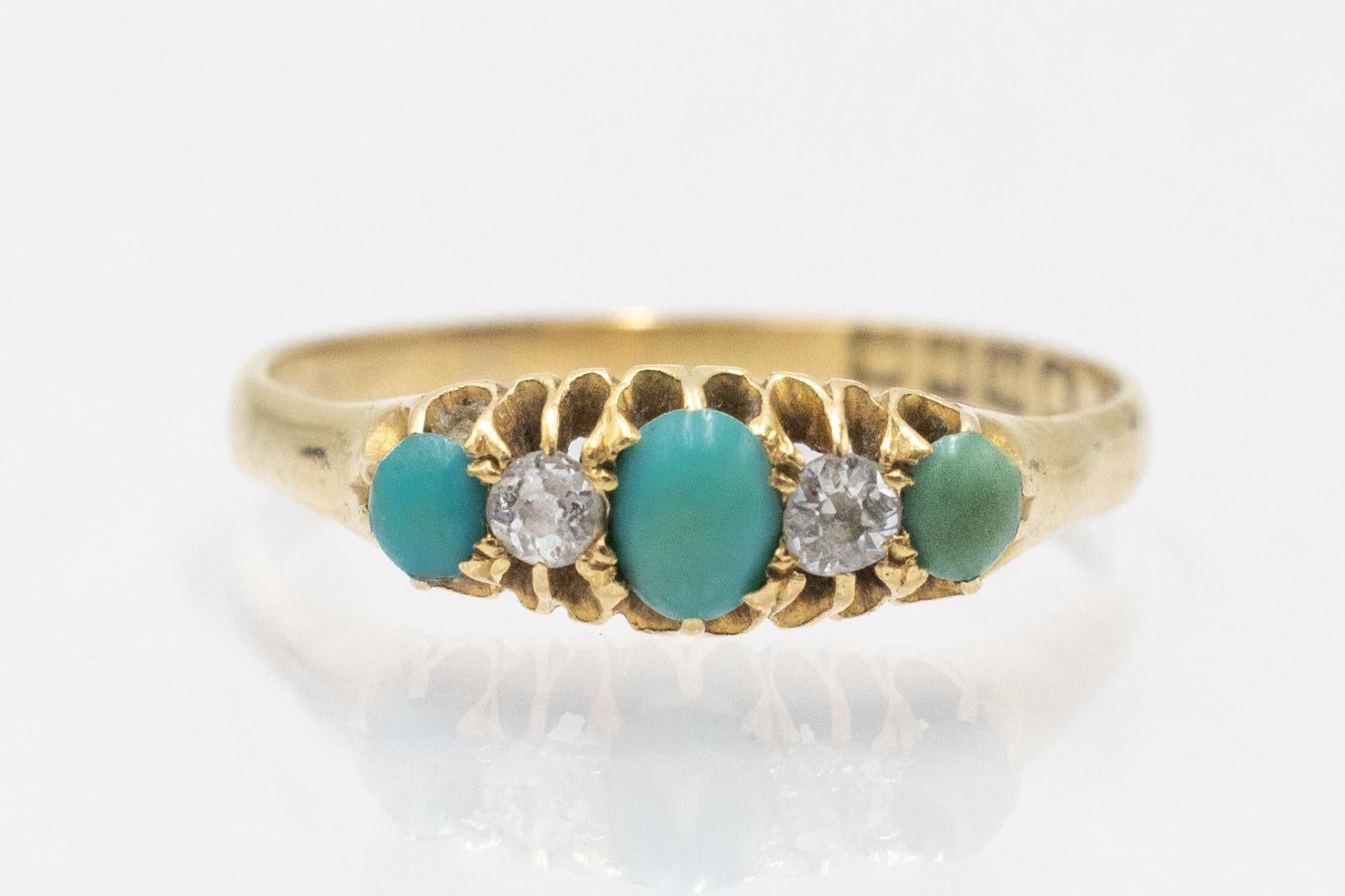 Oval Cut Antique ring with turquoises and diamonds, 1903. For Sale