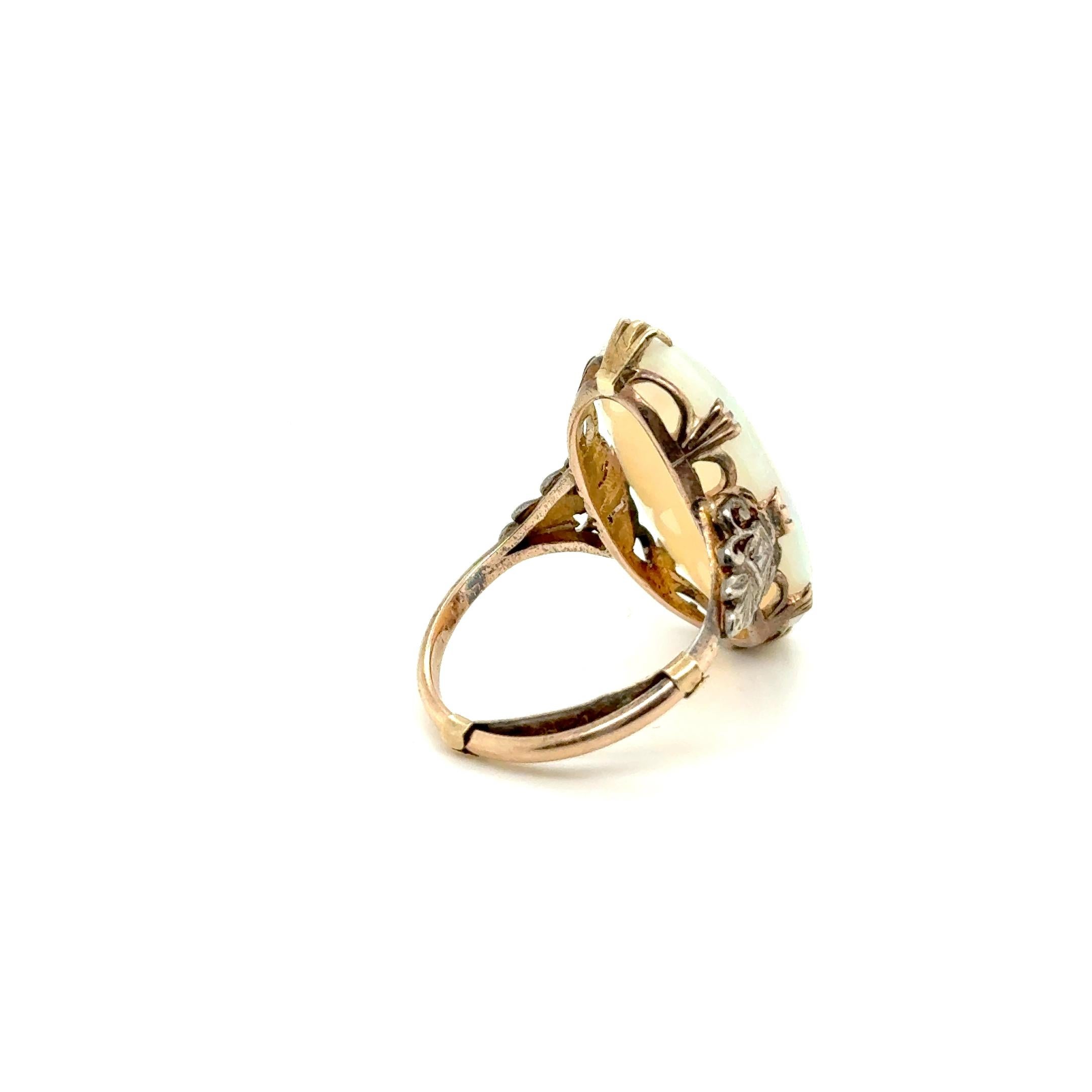 Antique Ring with White Opal in 9 Karat Yellow Gold & Silver For Sale 8