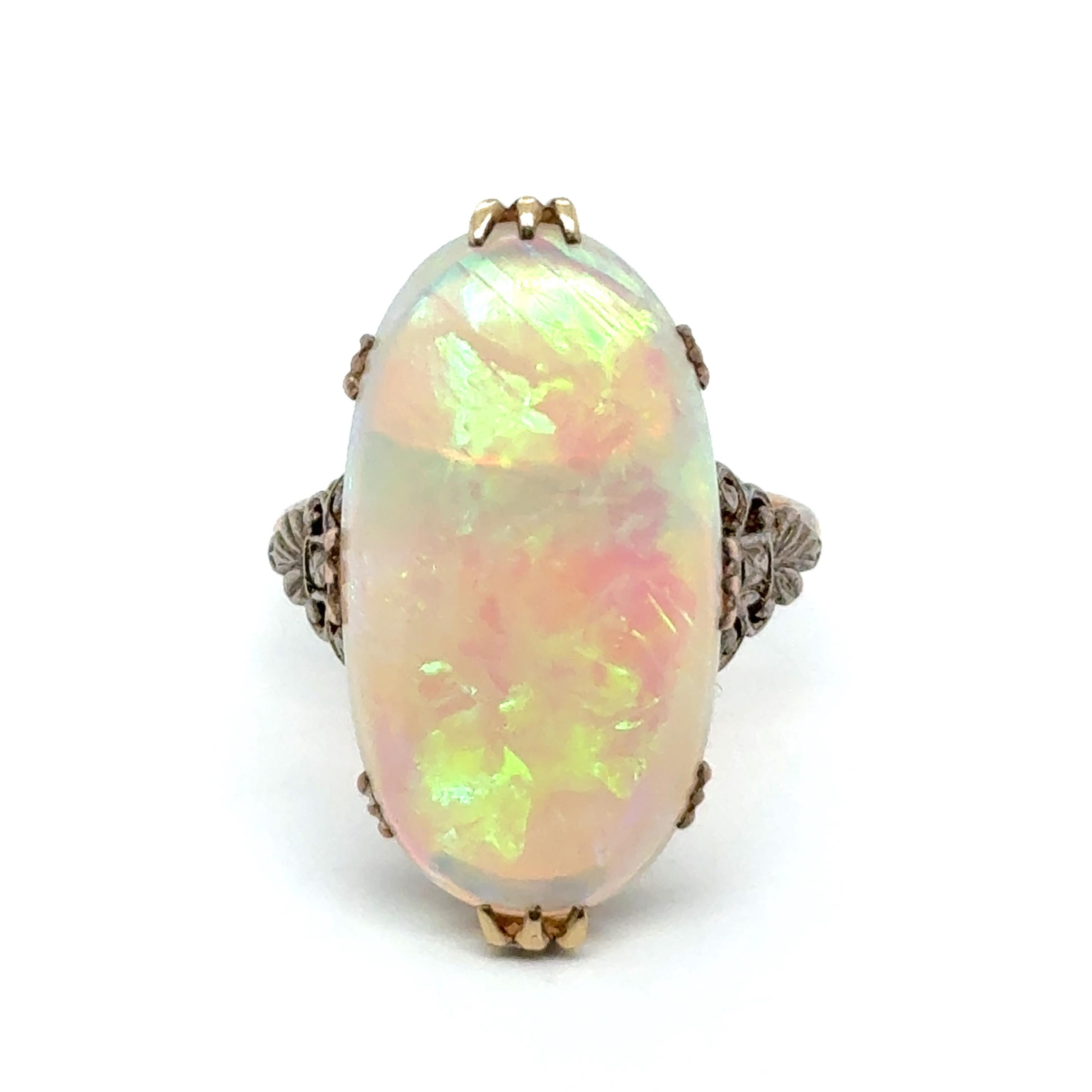 Cabochon Antique Ring with White Opal in 9 Karat Yellow Gold & Silver For Sale
