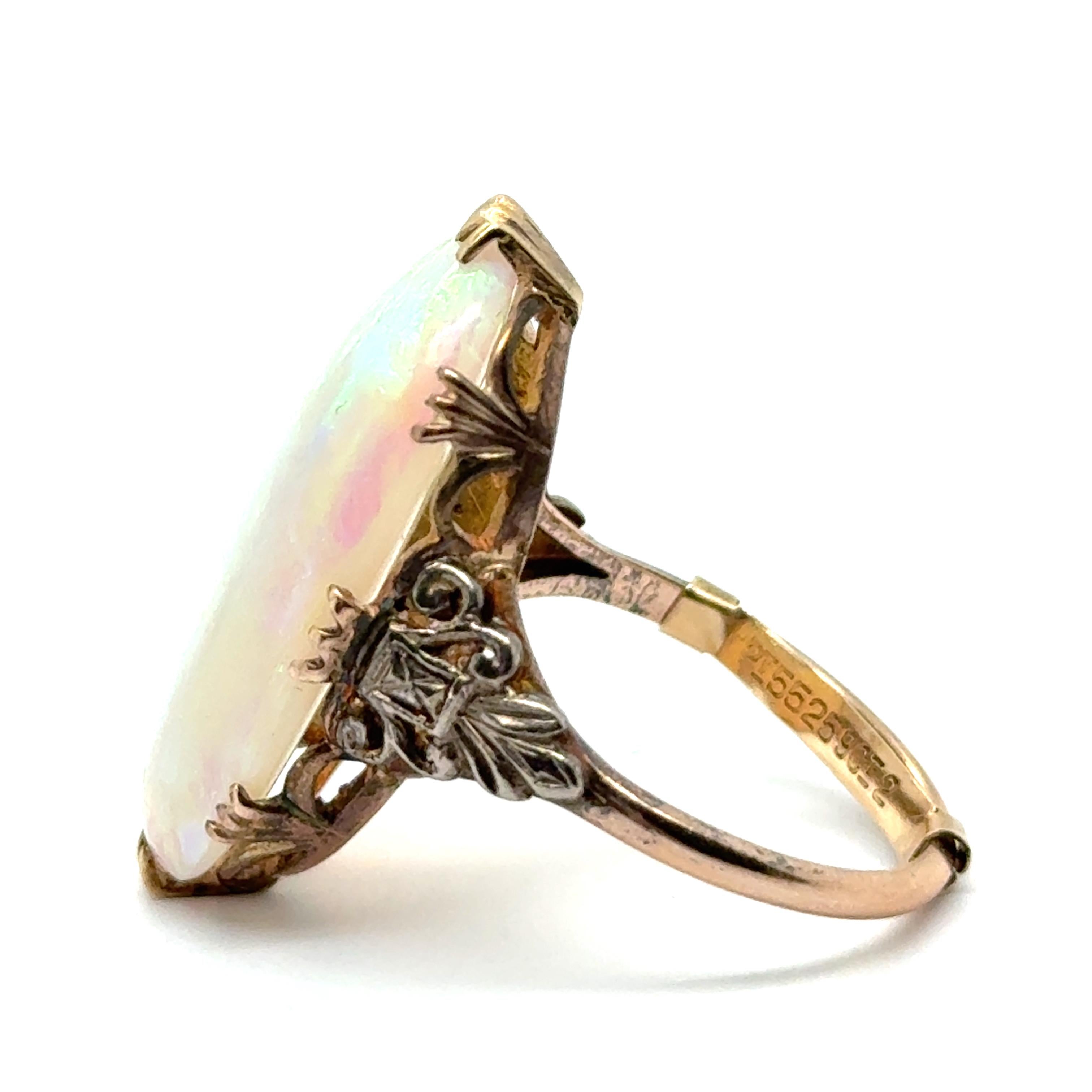Antique Ring with White Opal in 9 Karat Yellow Gold & Silver For Sale 2