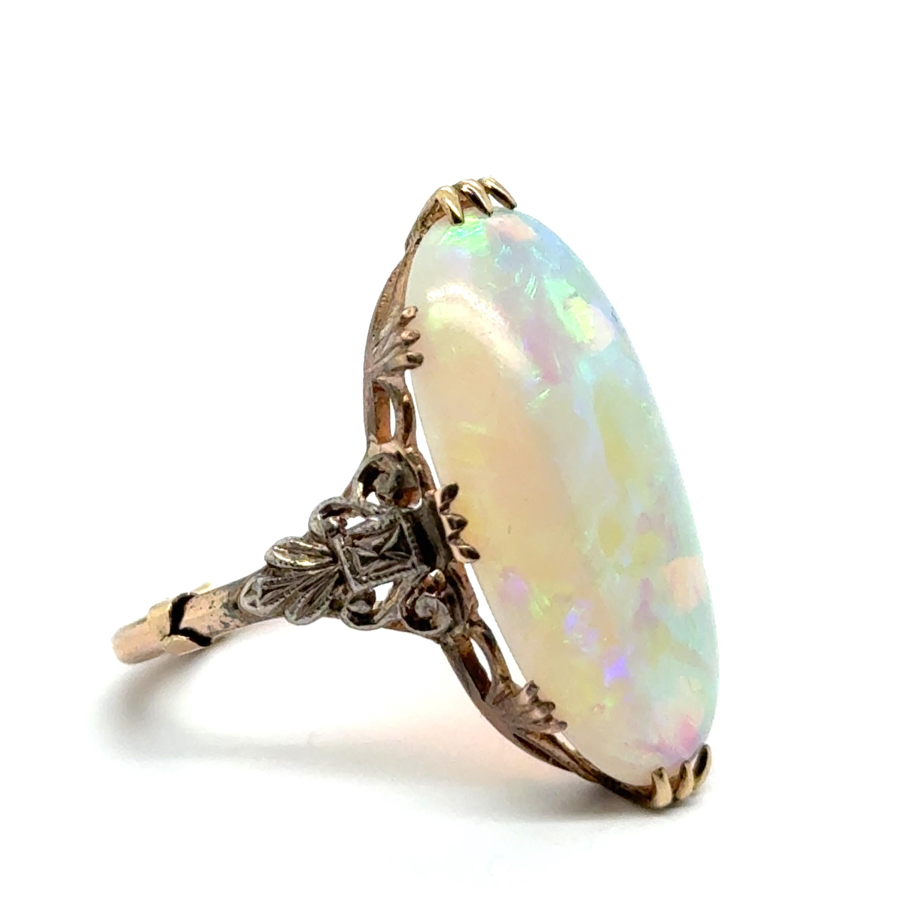 Antique Ring with White Opal in 9 Karat Yellow Gold & Silver For Sale 3
