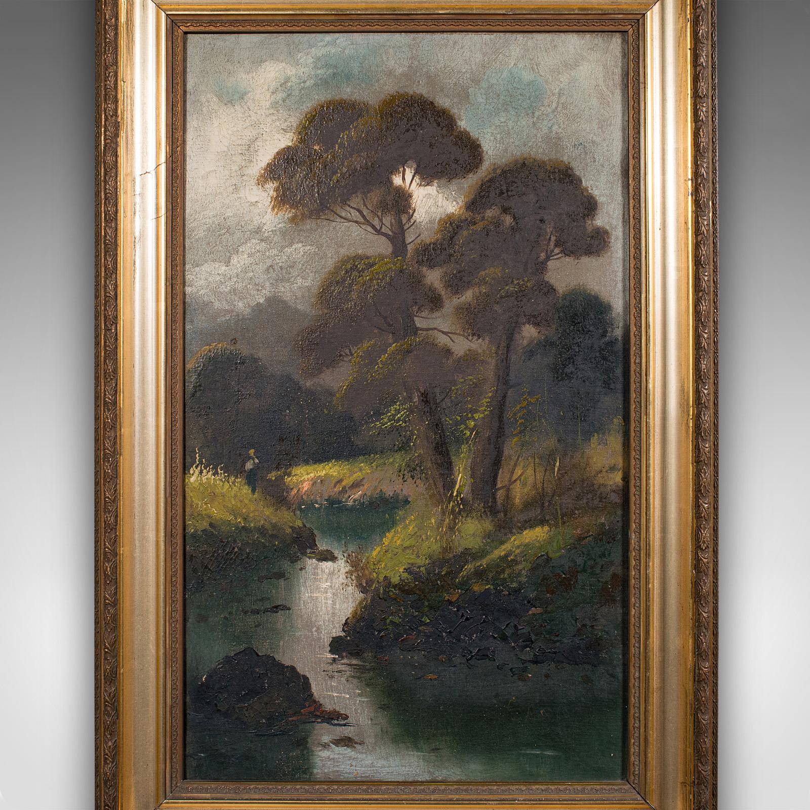 Britannico Antico dipinto di paesaggio fluviale, arte scozzese, olio su tela, incorniciato, vittoriano in vendita