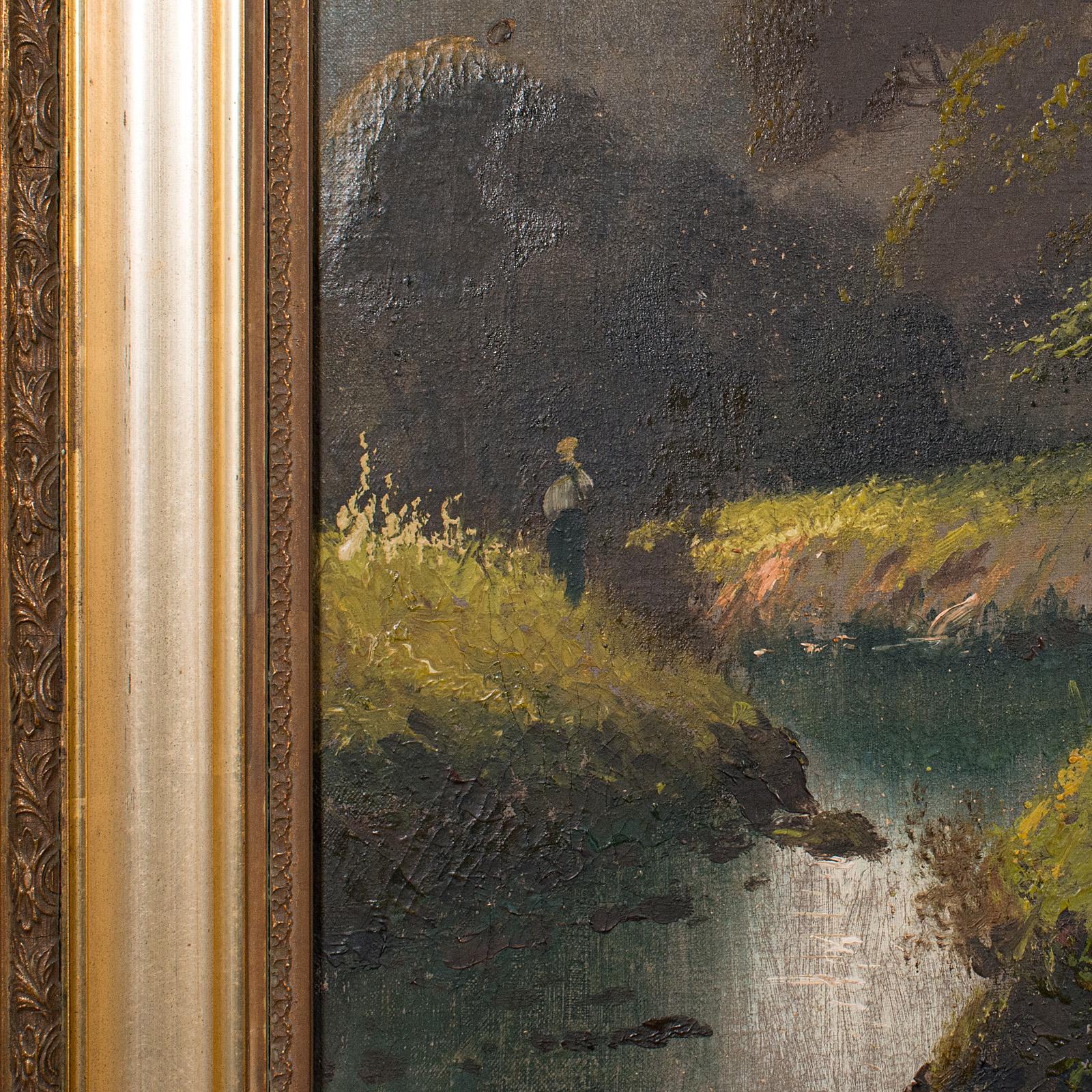 XIX secolo Antico dipinto di paesaggio fluviale, arte scozzese, olio su tela, incorniciato, vittoriano in vendita