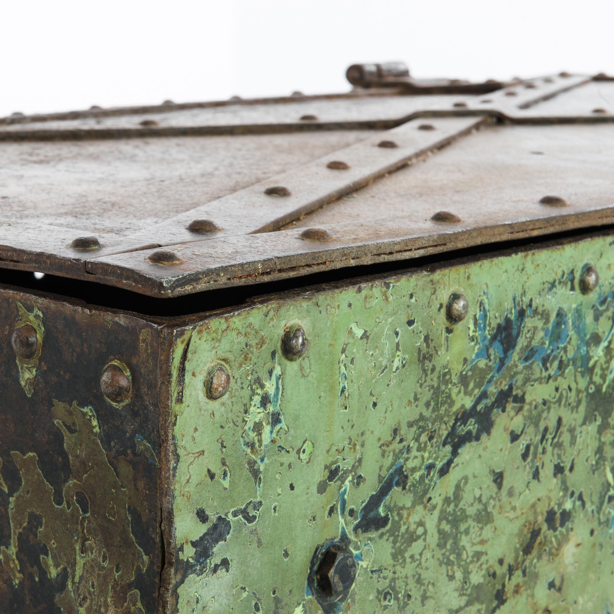 European Antique Riveted Green Steel Trunk