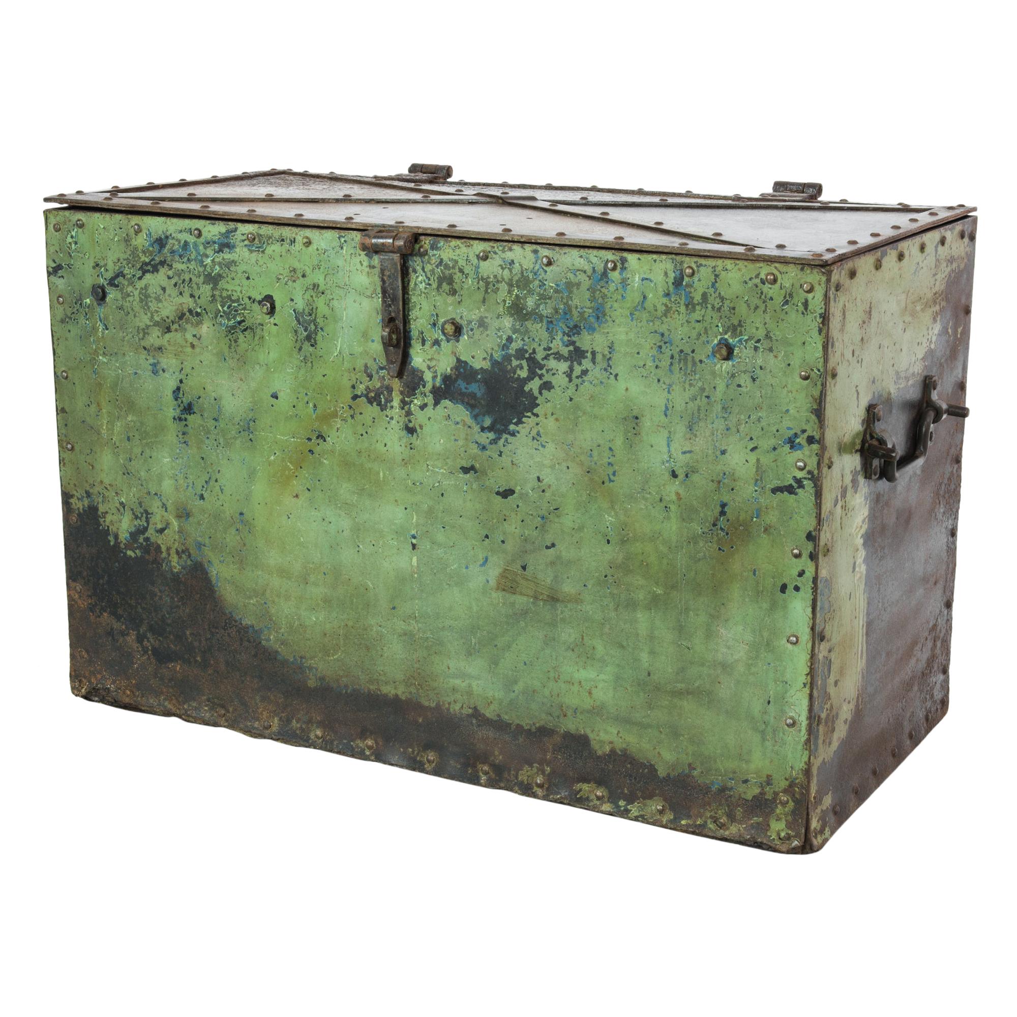 Antique Riveted Green Steel Trunk