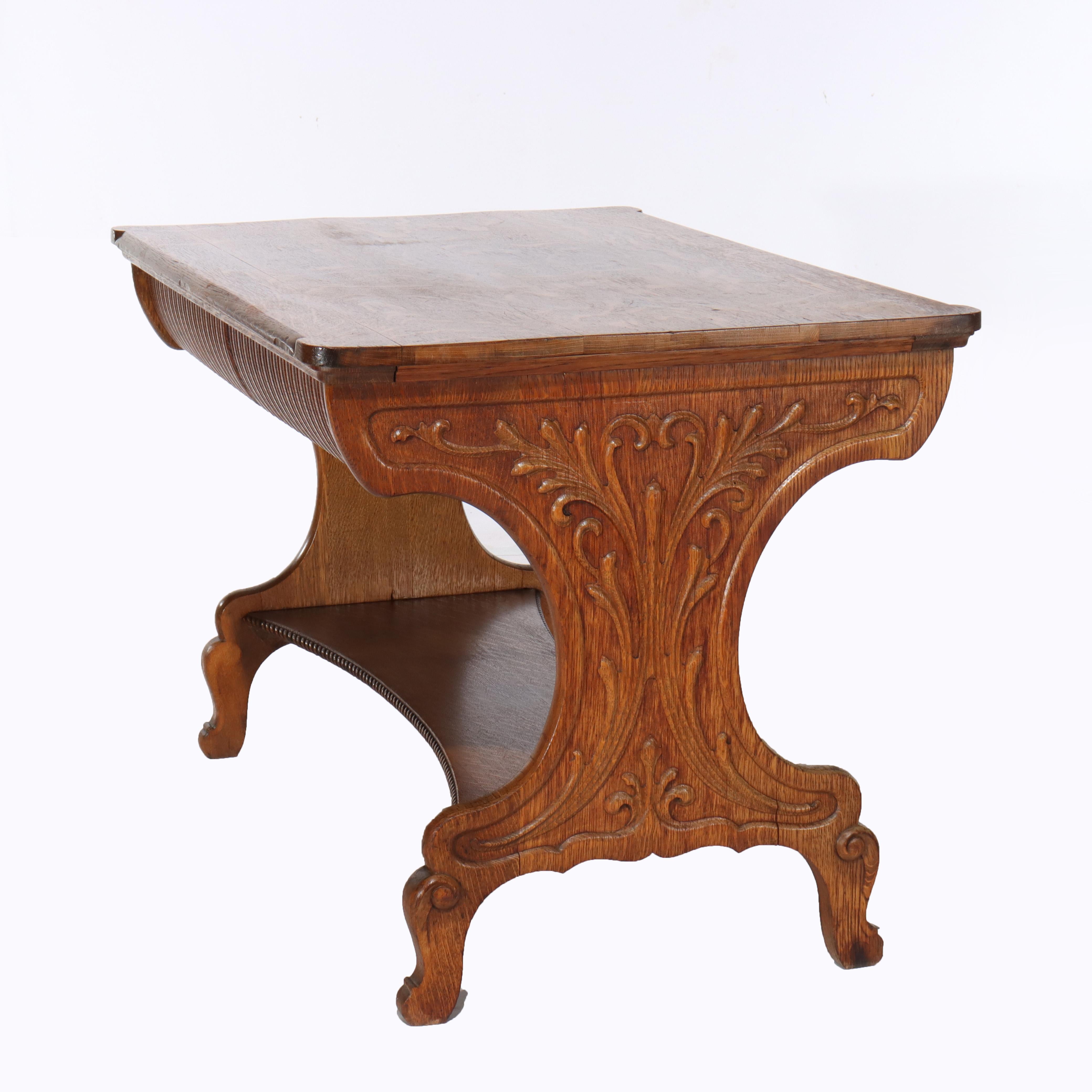 ***Reduced In-House Delivery Rates - Click on “Ask Seller” to Request a Quote***
Antique RJ Horner Arts & Crafts Carved Oak 2-Drawer Library Table Unsigned C1920.     
Measures - 27 5/8
