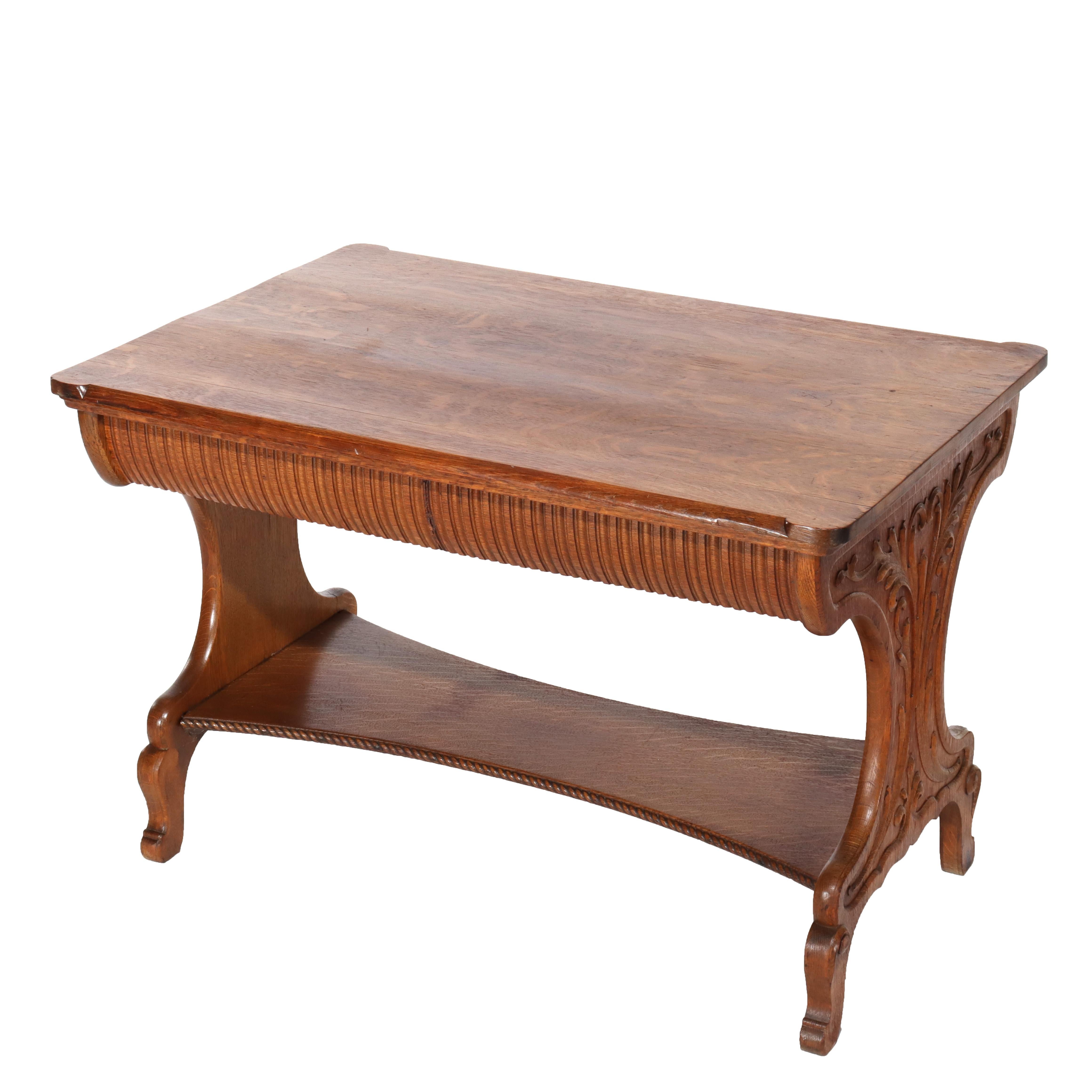 Antique RJ Horner Arts & Crafts Carved Oak Two-Drawer Library Table c1910 In Good Condition For Sale In Big Flats, NY