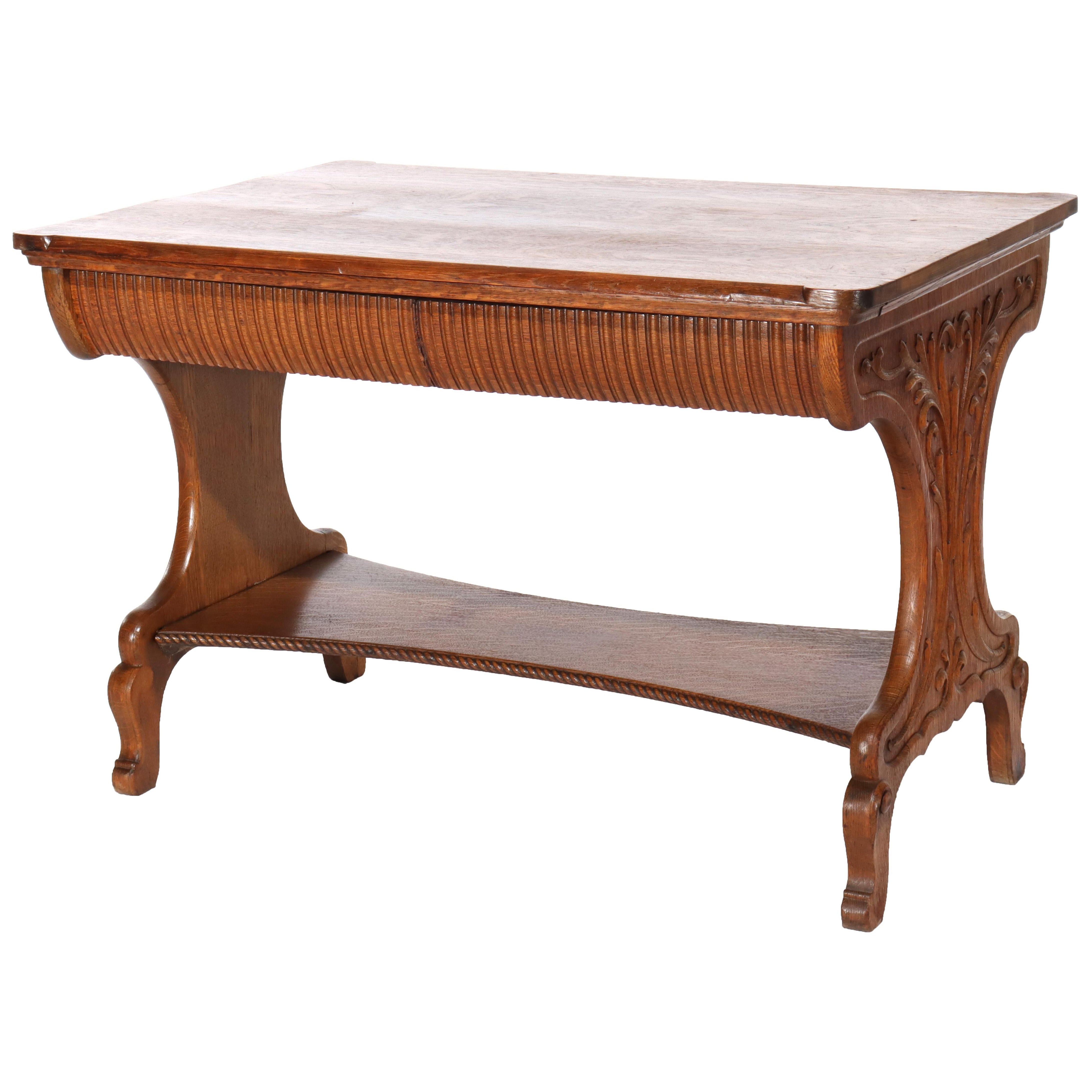 Antique RJ Horner Arts & Crafts Carved Oak Two-Drawer Library Table c1910 For Sale