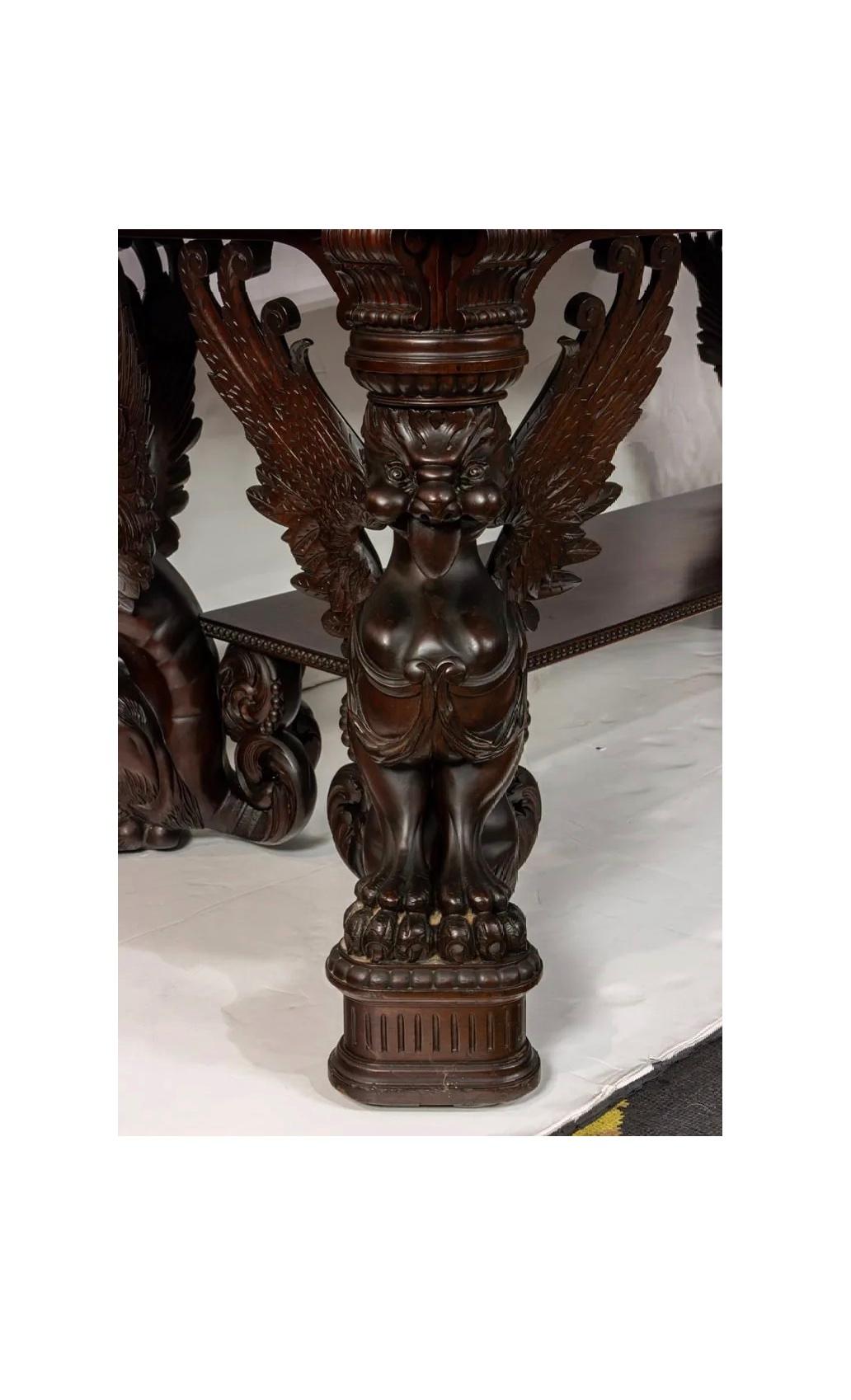 Antiquities R.J. Table de bibliothèque Horner en acajou sculpté avec supports de griffon ailé Bon état - En vente à Los Angeles, CA