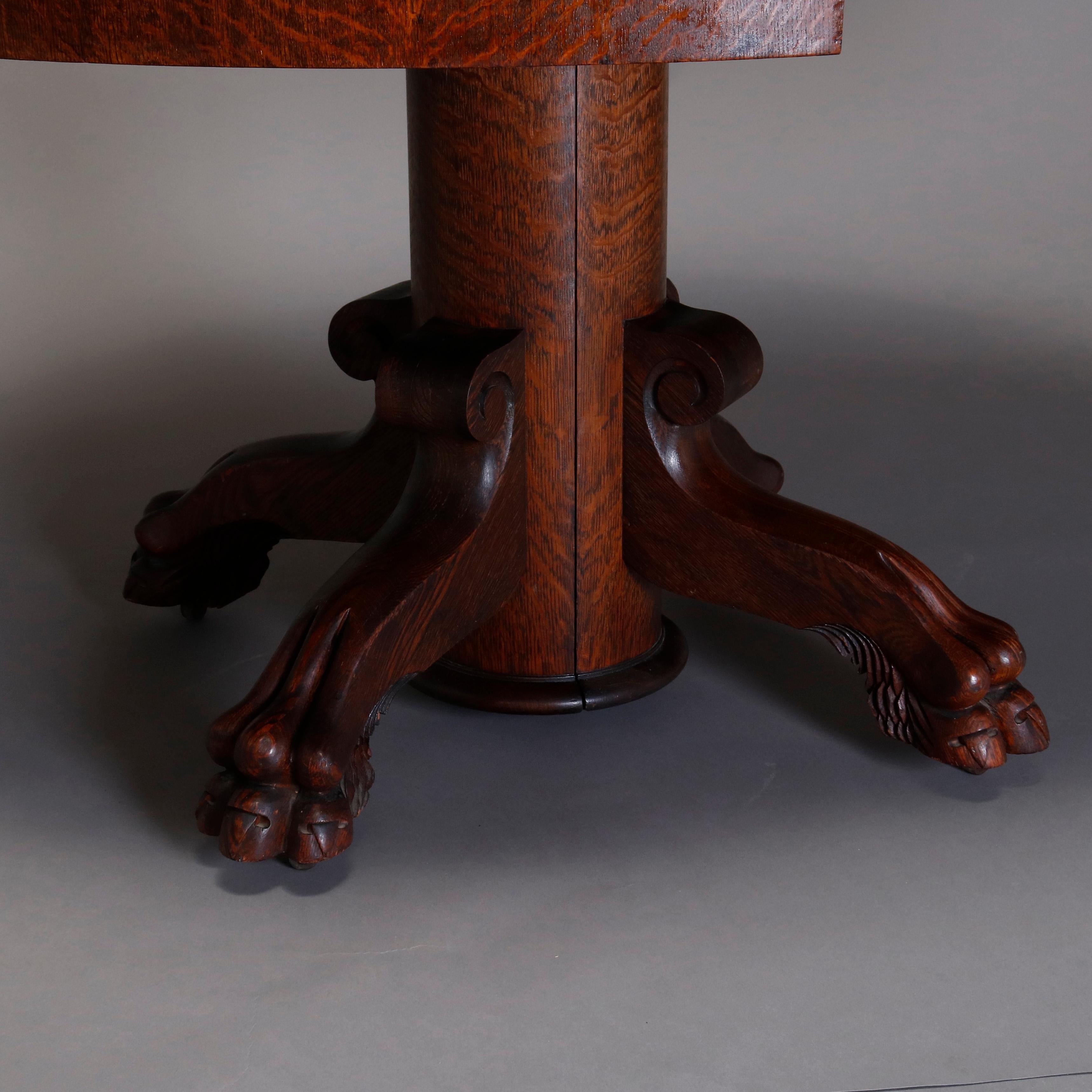 Antique R.J. Horner Carved Oak Split Pedestal Dining Table with Paw Feet 2