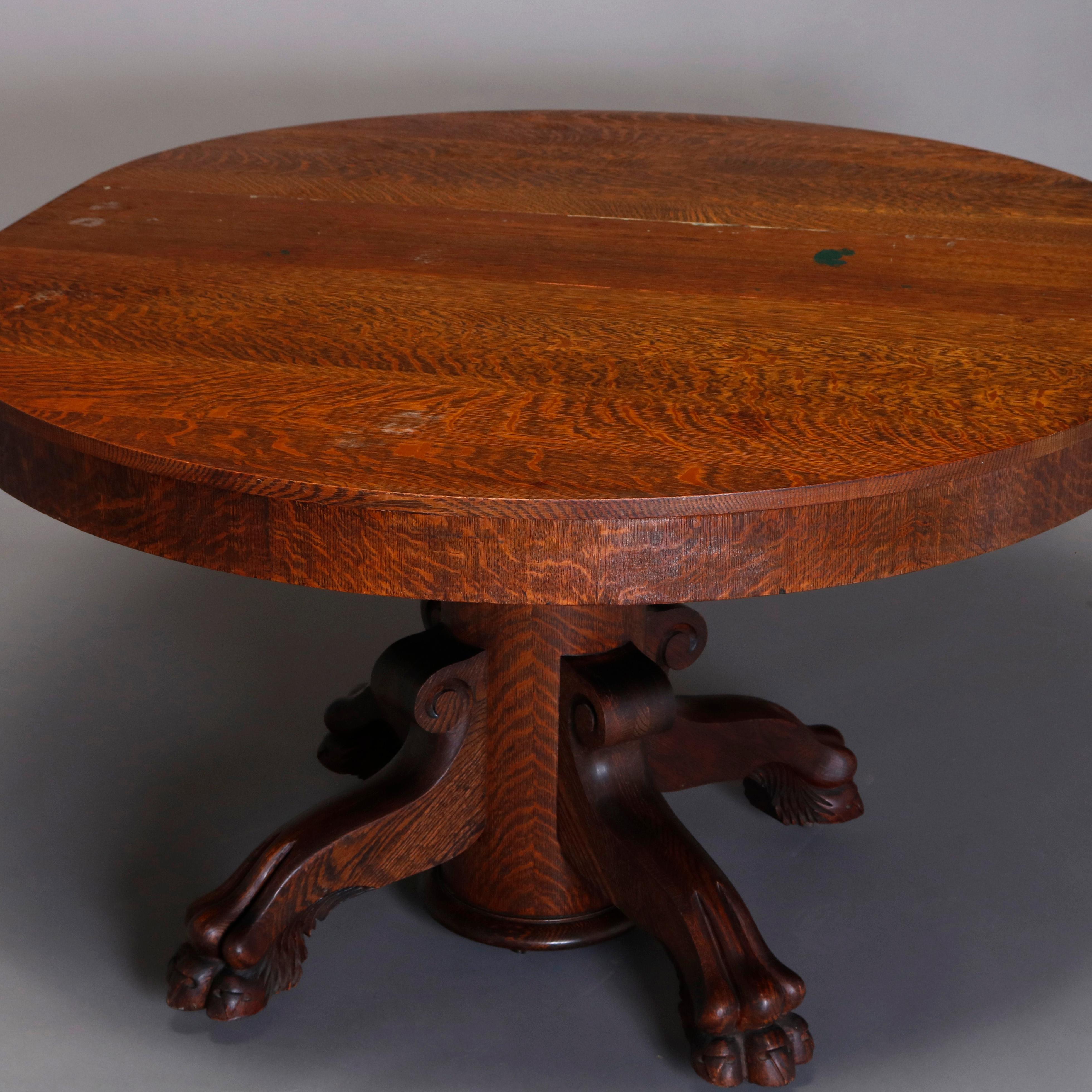 American Antique R.J. Horner Carved Oak Split Pedestal Dining Table with Paw Feet
