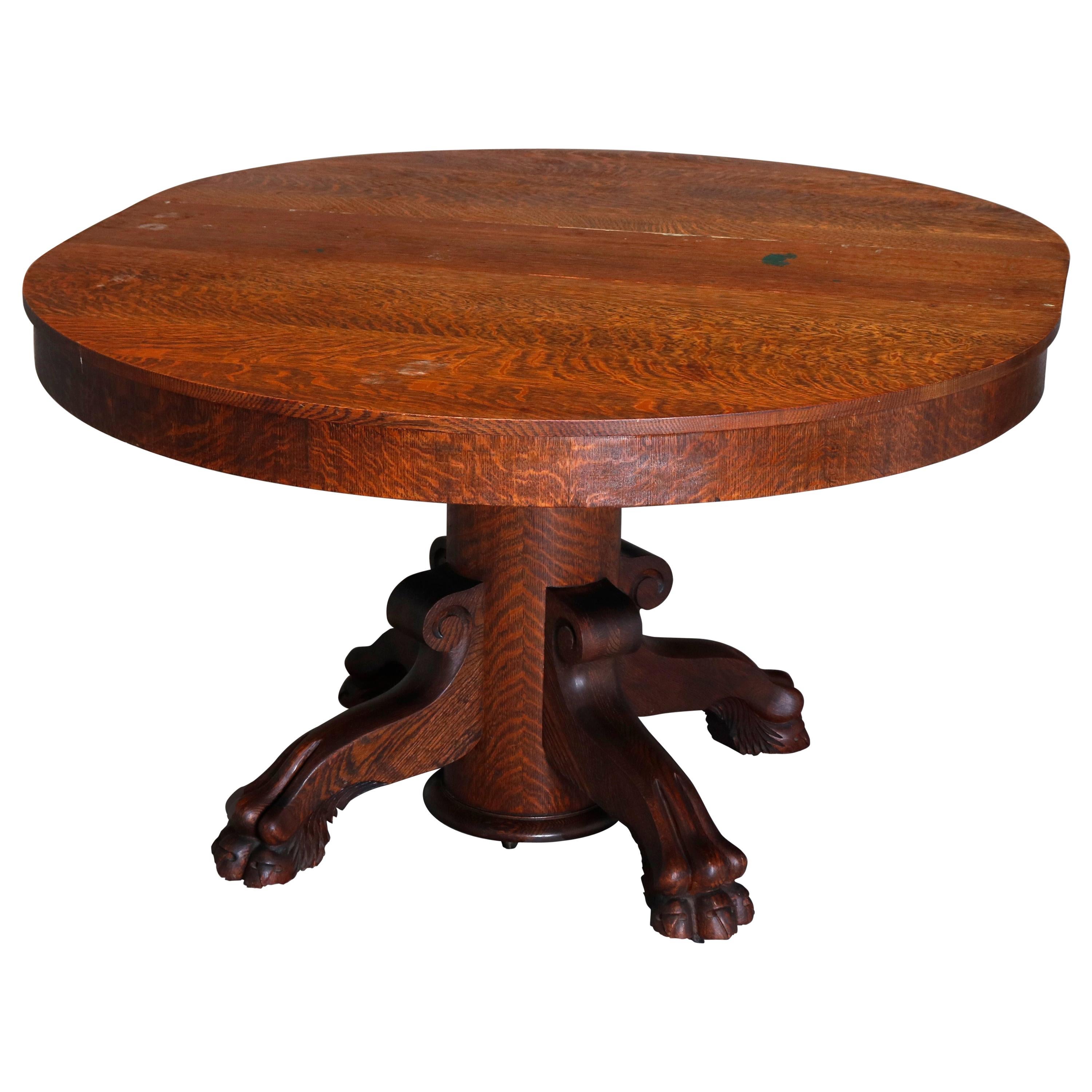 Antique R.J. Horner Carved Oak Split Pedestal Dining Table with Paw Feet