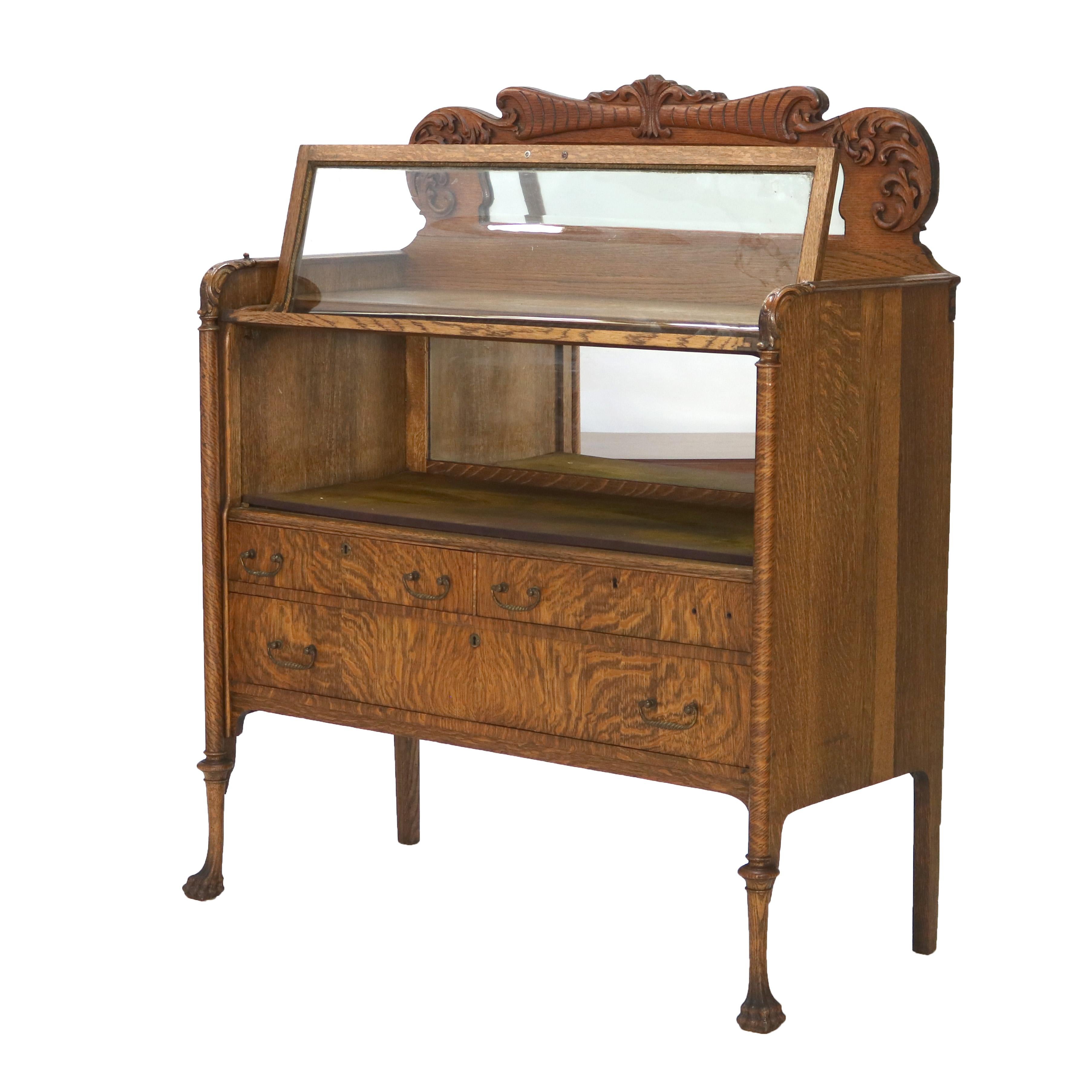 Antiker RJ Horner geschnitzter Vitrinenschrank aus geschnitzter viertelgesägter Eiche und Glaskristall, um 1920 im Angebot 7