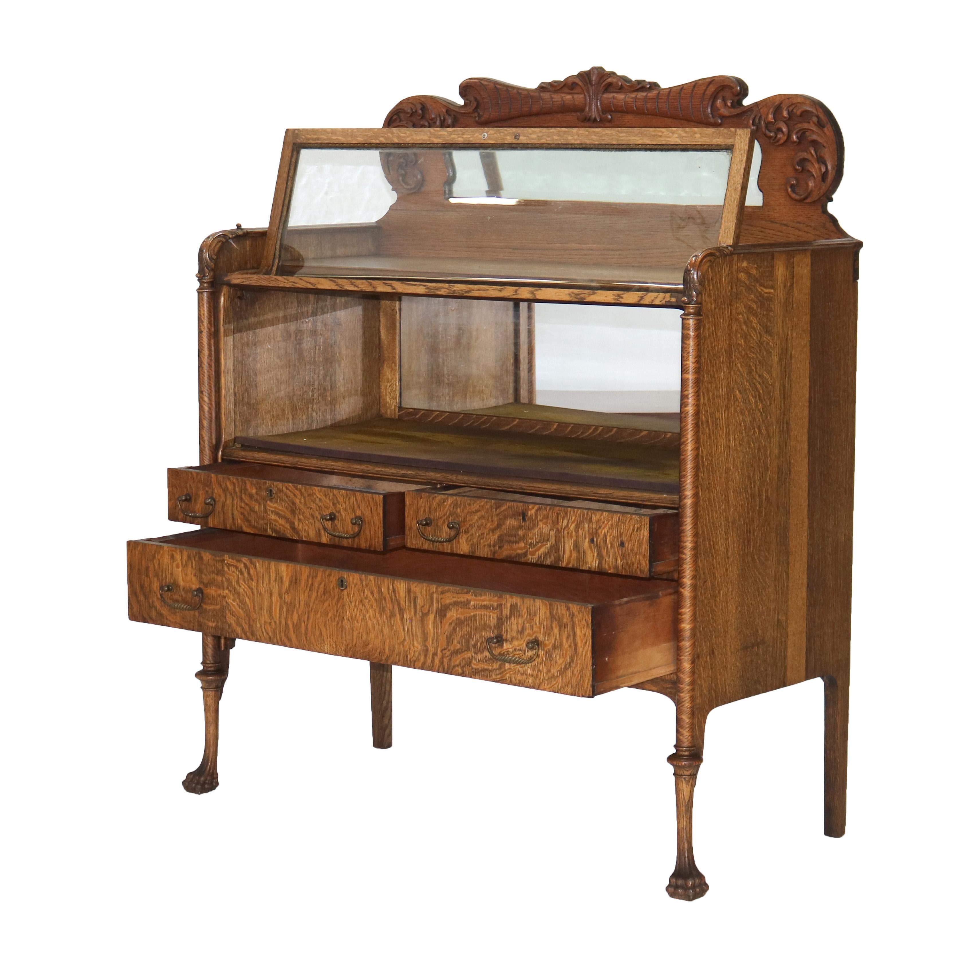 Antiker RJ Horner geschnitzter Vitrinenschrank aus geschnitzter viertelgesägter Eiche und Glaskristall, um 1920 im Angebot 8