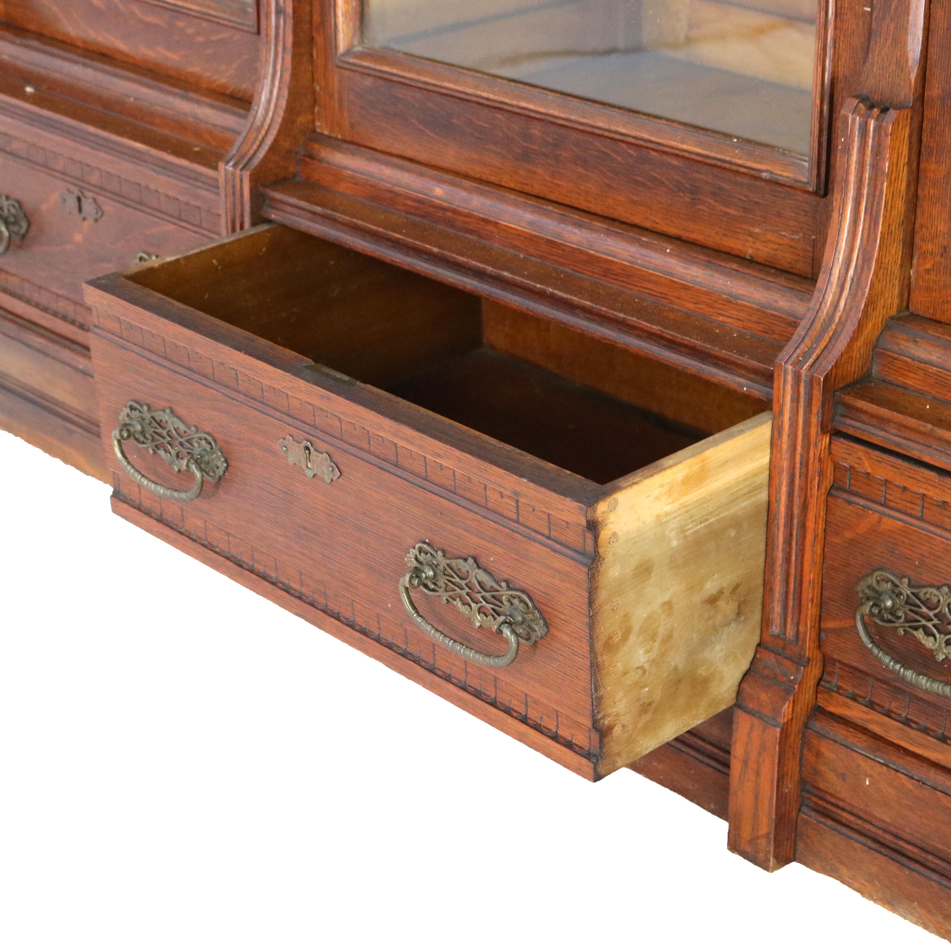 Antique RJ Horner Eastlake Style Carved Oak Four Door 3-Drawer Bookcase C1910 6