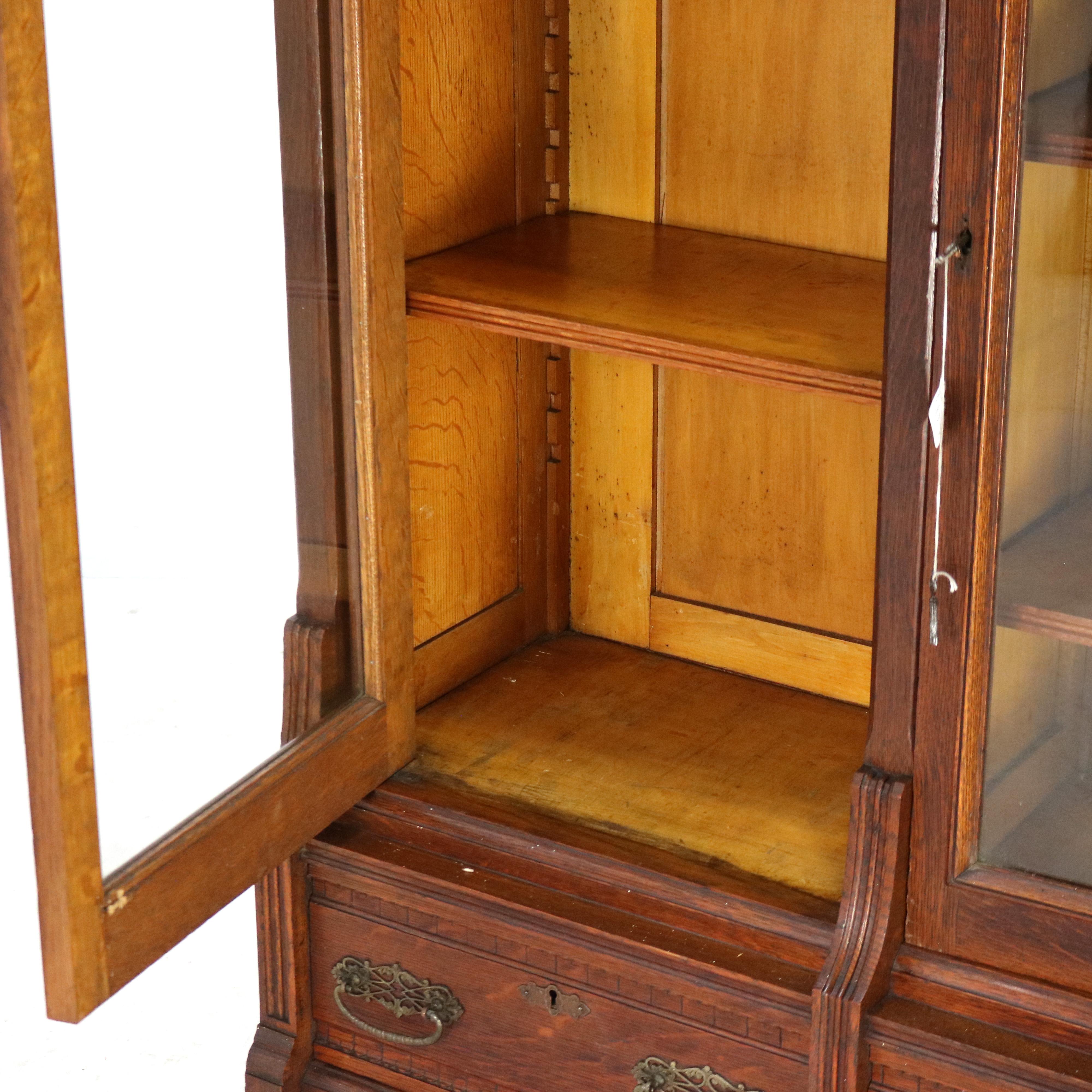 Antique RJ Horner Eastlake Style Carved Oak Four Door 3-Drawer Bookcase C1910 8