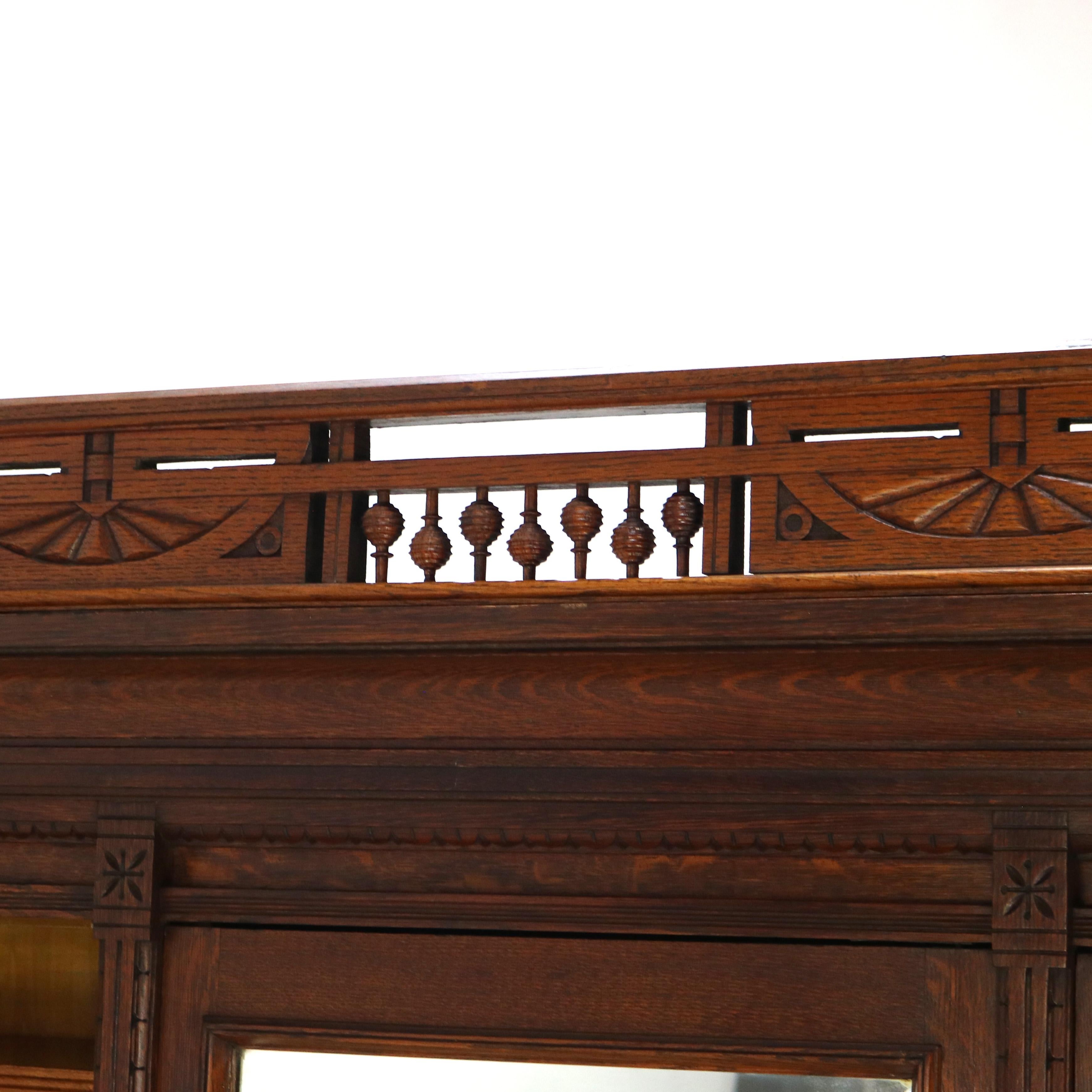 Antique RJ Horner Eastlake Style Carved Oak Four Door 3-Drawer Bookcase C1910 9