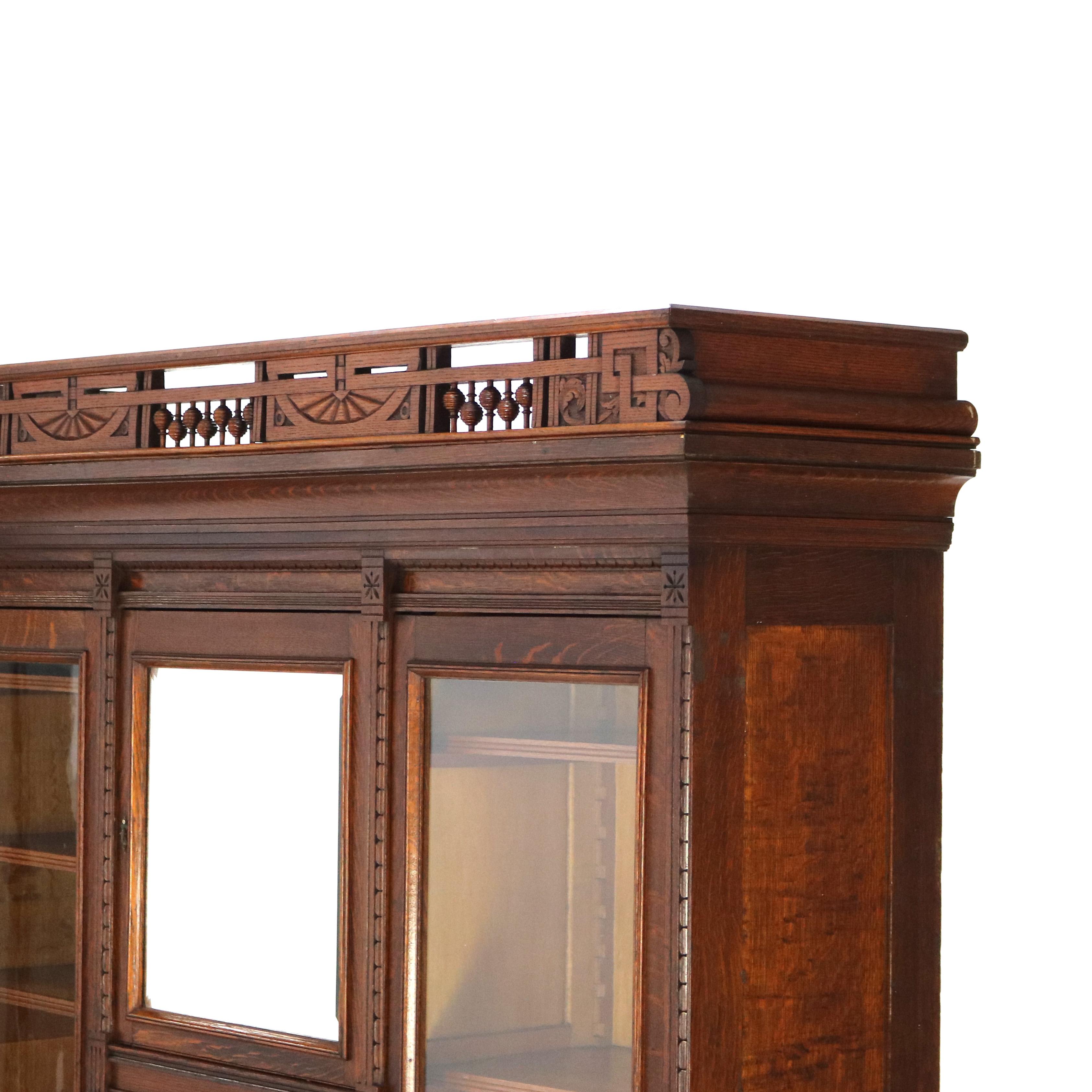 Antique RJ Horner Eastlake Style Carved Oak Four Door 3-Drawer Bookcase C1910 10
