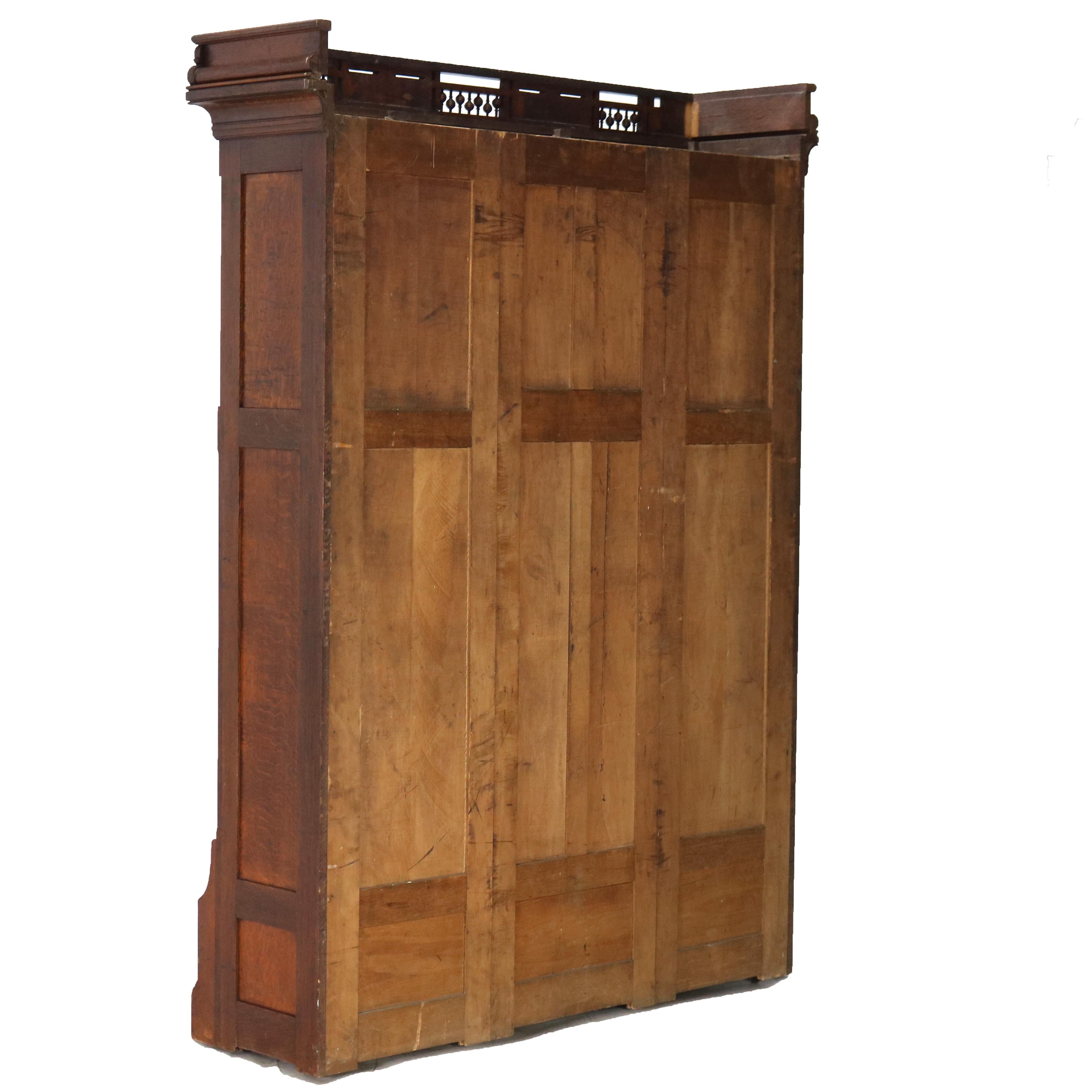 Antique RJ Horner Eastlake Style Carved Oak Four Door 3-Drawer Bookcase C1910 12