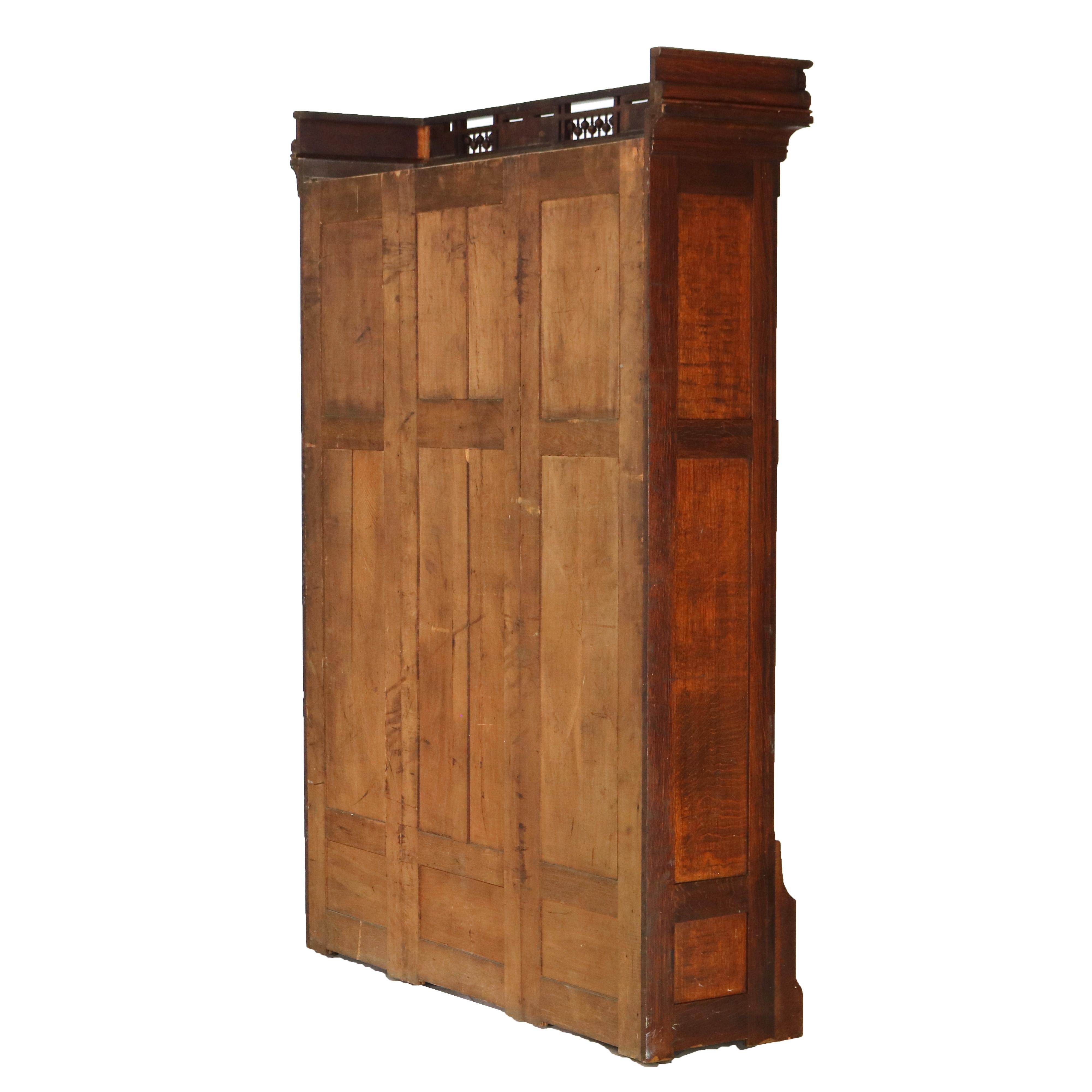 Antique RJ Horner Eastlake Style Carved Oak Four Door 3-Drawer Bookcase C1910 15