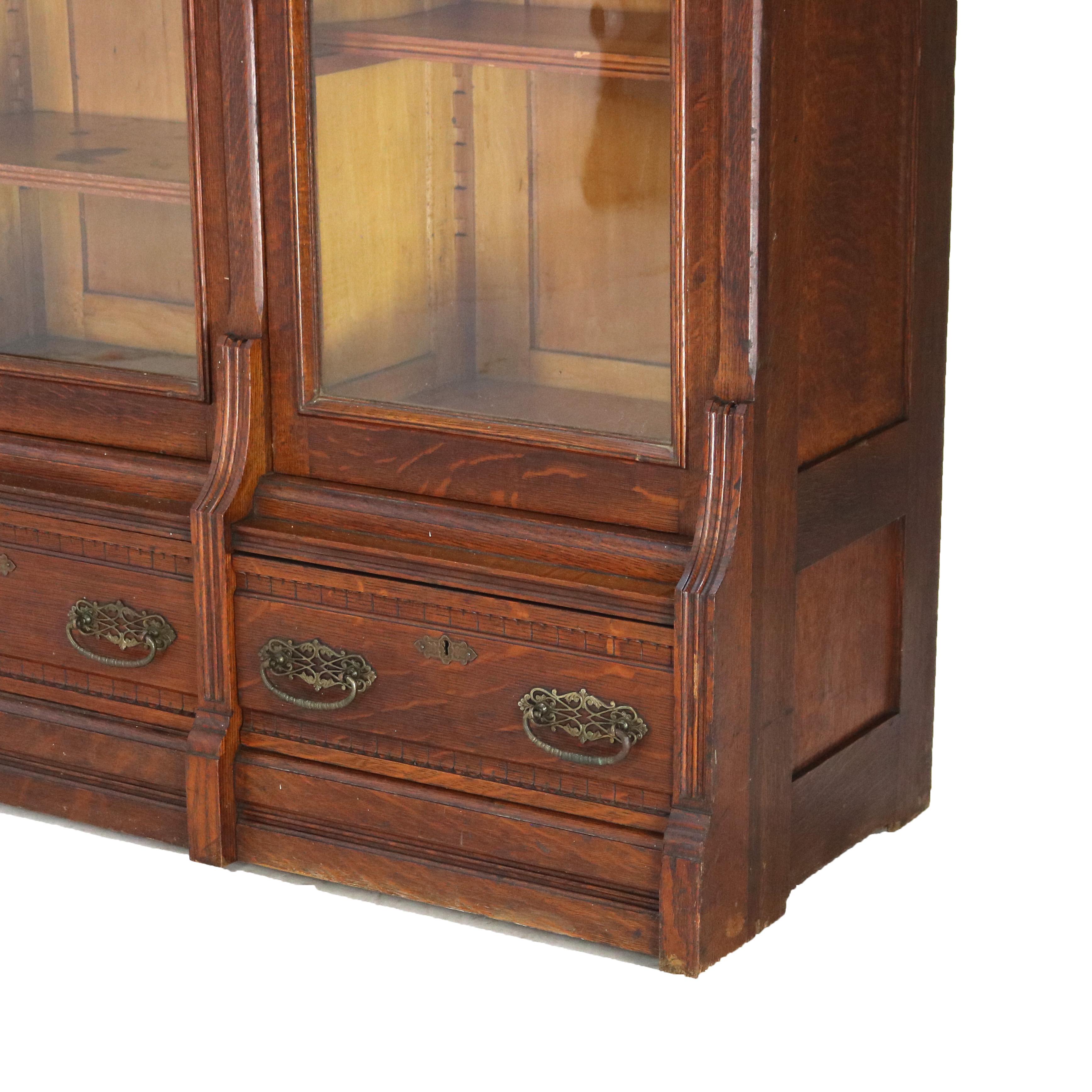 Antique RJ Horner Eastlake Style Carved Oak Four Door 3-Drawer Bookcase C1910 In Good Condition In Big Flats, NY