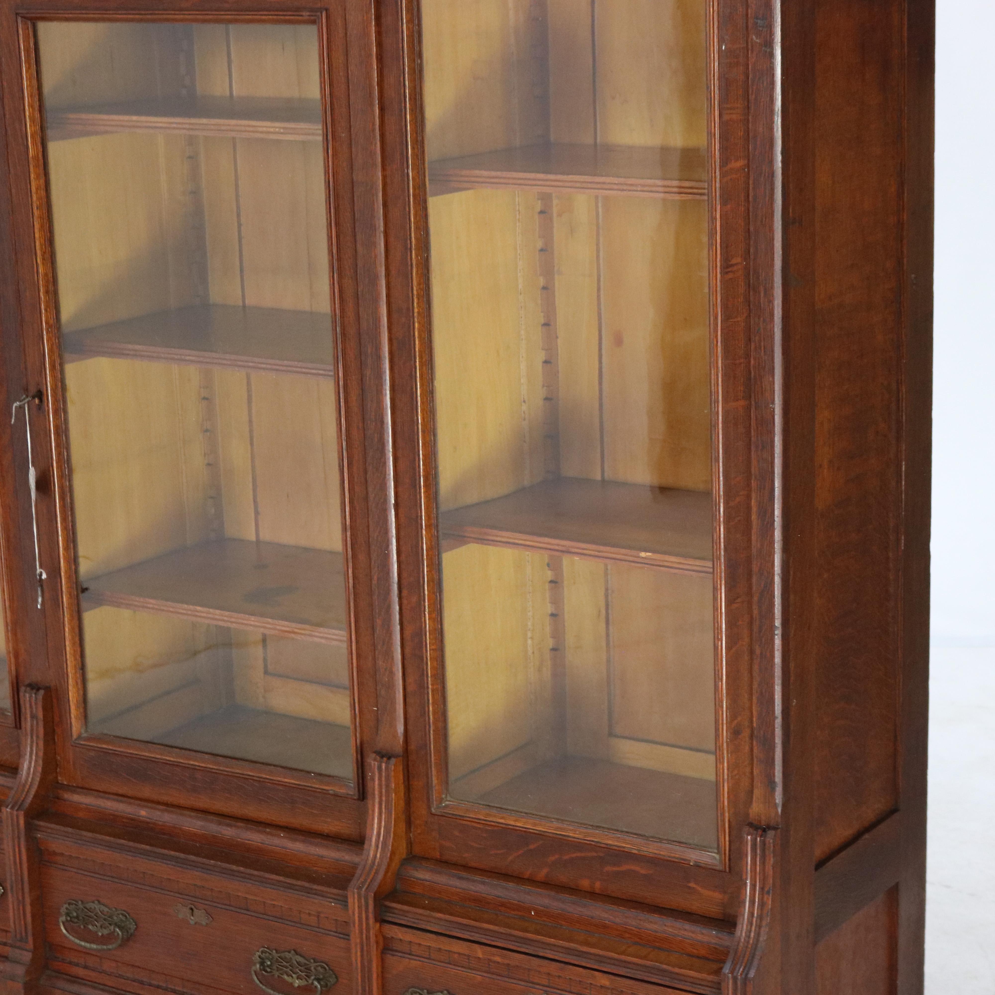 20th Century Antique RJ Horner Eastlake Style Carved Oak Four Door 3-Drawer Bookcase C1910