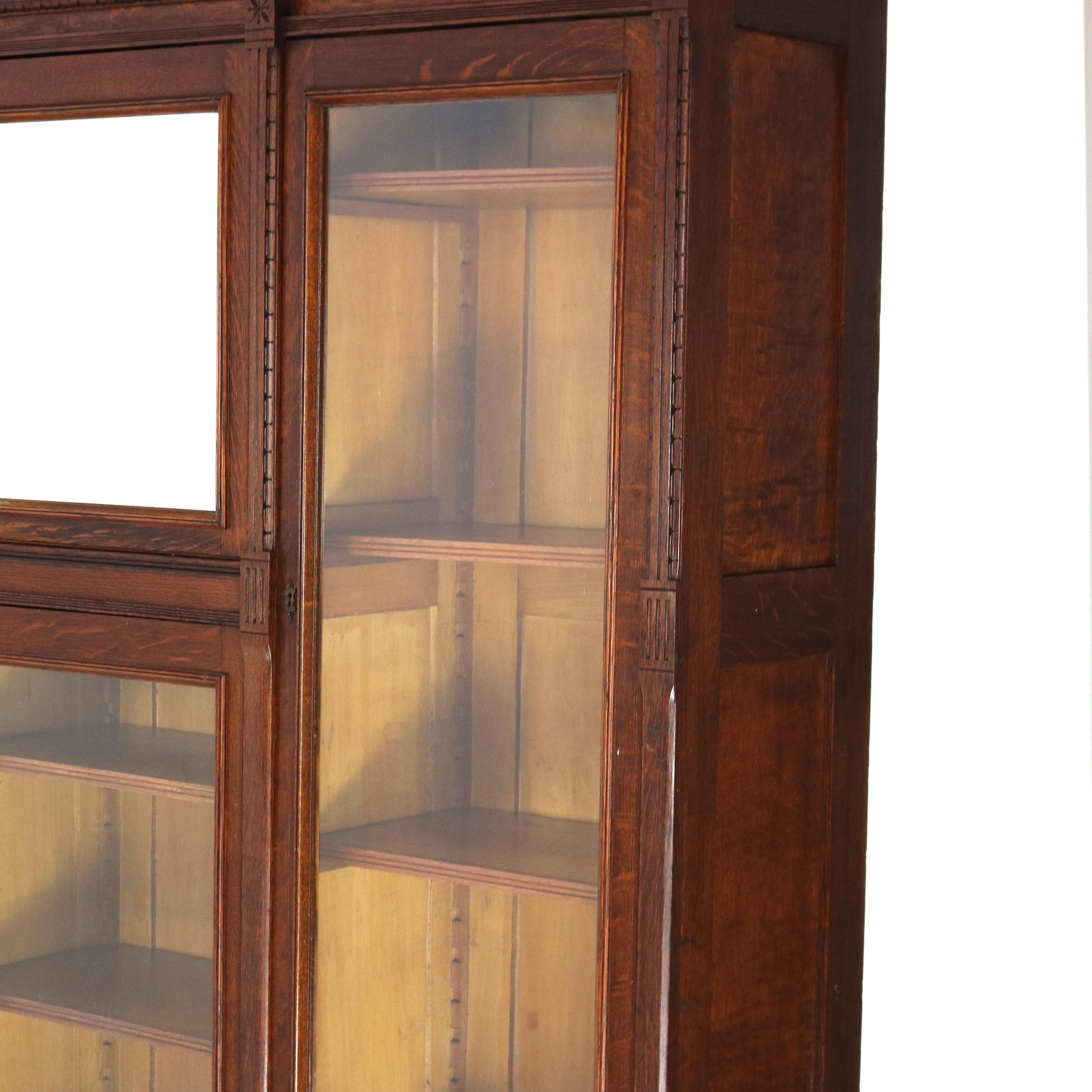 Antique RJ Horner Eastlake Style Carved Oak Four Door 3-Drawer Bookcase C1910 1