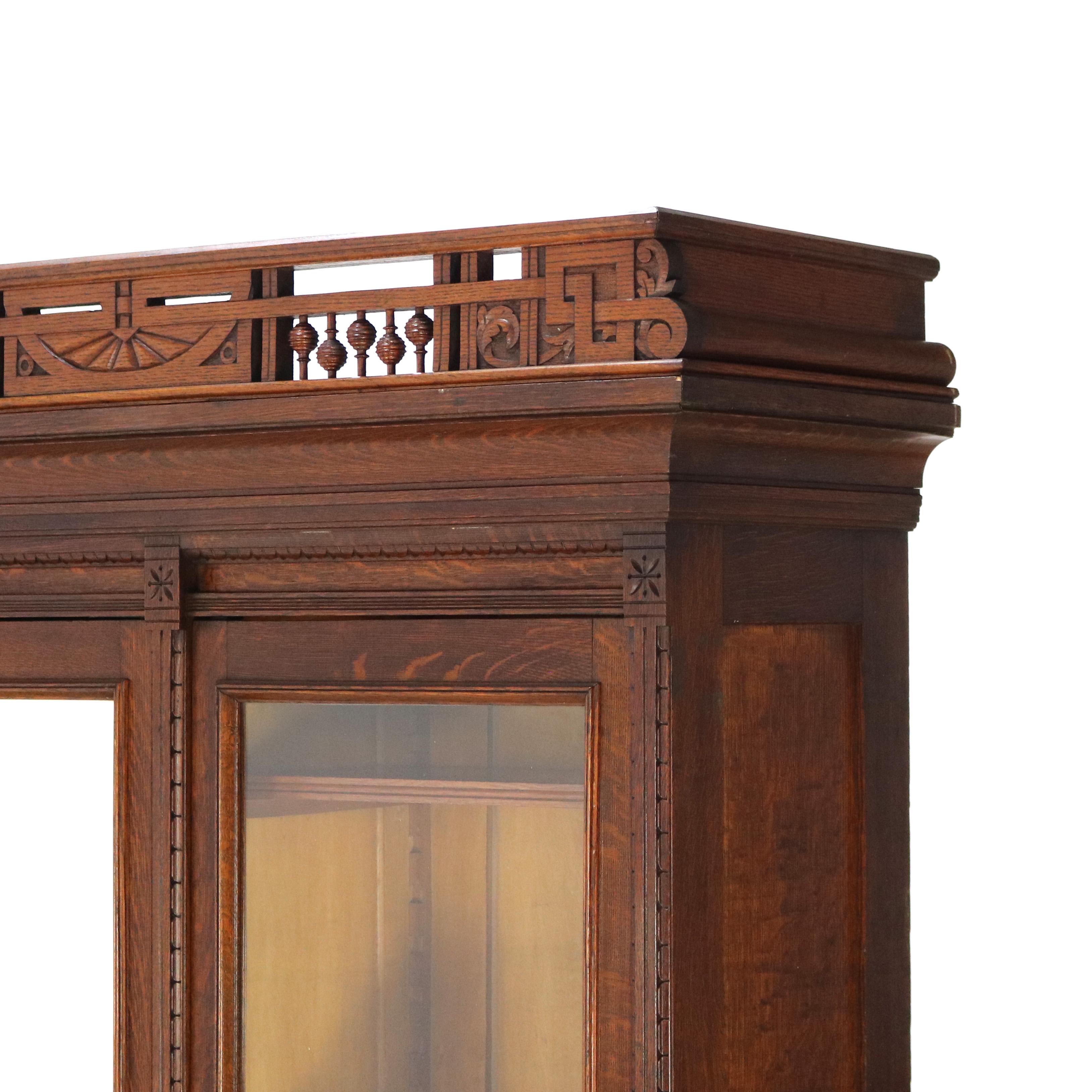 Antique RJ Horner Eastlake Style Carved Oak Four Door 3-Drawer Bookcase C1910 2